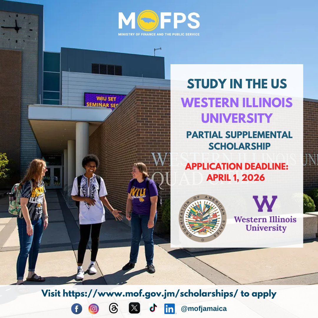 MOFJamaica's tweet image. Study at Western Illinois University with this partial supplemental scholarship opportunity to pursue undergraduate and graduate studies. Visit mof.gov.jm/scholarships/ to apply now. 

#mofpsjamaica 
#wecare