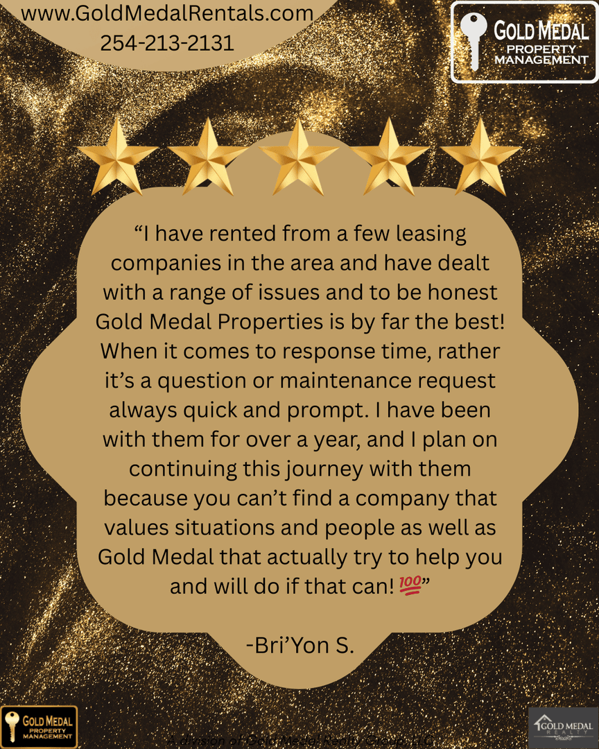 GMRentals's tweet photo. Thank you for the awesome review!! Come join our family at Gold Medal Rentals!

#GoldMedalRentals #ForRentNearMe #CentralTXRentals #PropertyManagement https://t.co/vMoQAcmxjQ