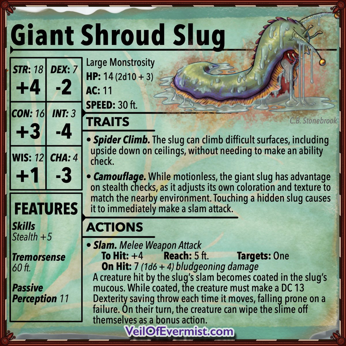 VeilOfEvermist's tweet photo. 🐌 Do you feel like a slug in the mid week, late winter days? Try using this slug in your next D&amp;D game! They are quite fond of sprabbits, I hear... #sprabbit #dungeonsanddragons #dnd #veilofevermist #statblock https://t.co/e30HDrdIPU