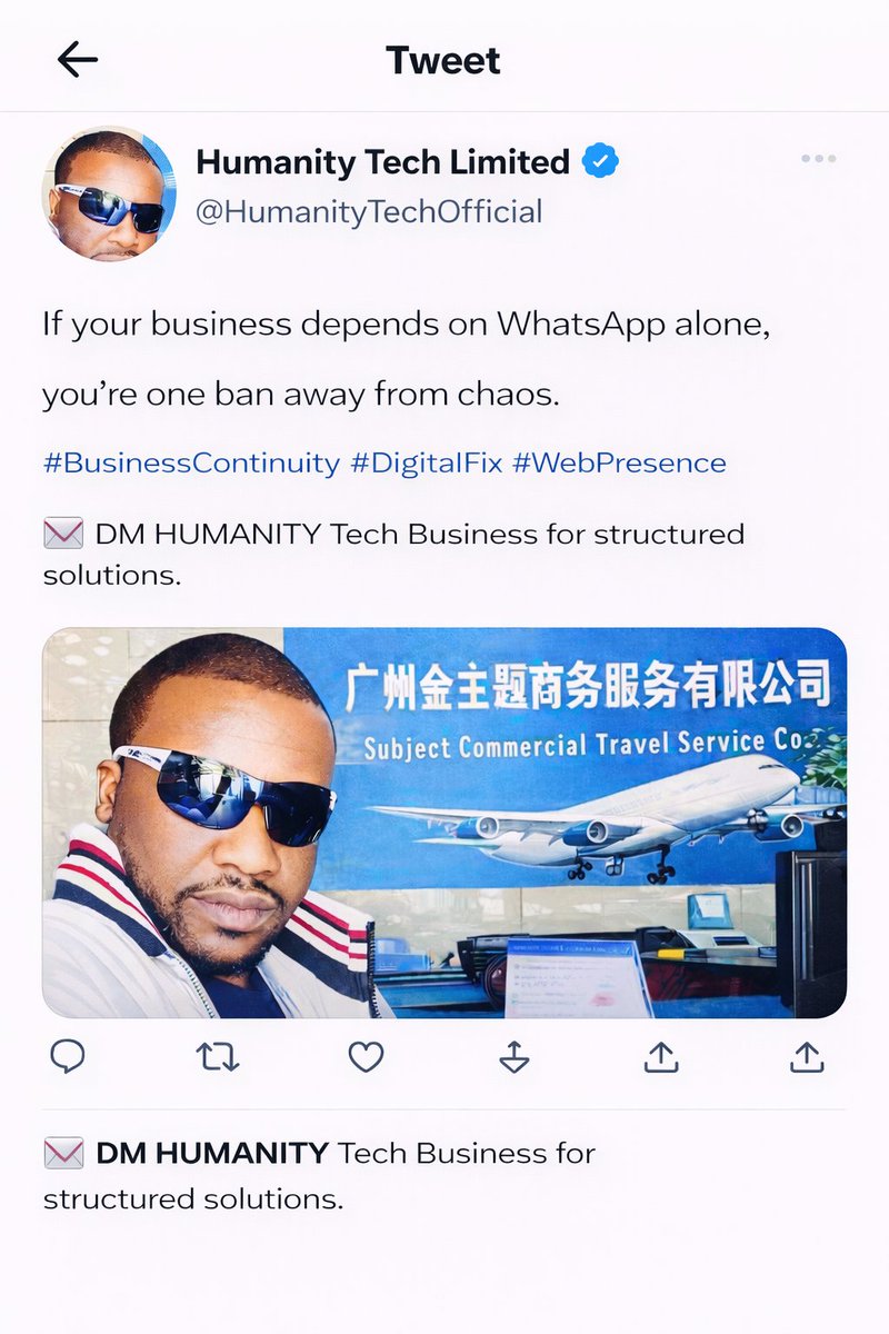 HumanityTechLTD's tweet image. If your business depends on WhatsApp alone, you’re one ban away from chaos. 

#BusinessContinuity #DigitalFix #WebPresence#HumanityAi
#HumanityAngel #HumanityTechLimited