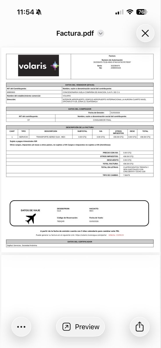 sev52488's tweet photo. Acabé de recibir una factura de @viajaVolaris pero NO menciona que impuesto es! Igual tengo un recibo sin explicar el nombre de impuesto! Un documento en quetzales otro en USD!!!
@AtencionProfeco algún comentario??? Donde pido reembolso?? https://t.co/f0V0CrXhft