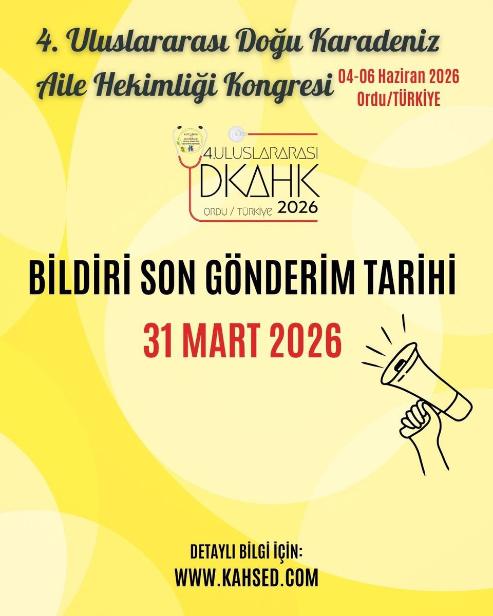 enginyurt52's tweet photo. 4-6 Haziran 2026 tarihlerinde Ordu’da düzenlenecek olan 4. Uluslararası Doğu Karadeniz Aile Hekimliği Kongresi bildiri gönderimi 31 Mart tarihinde bitecektir, bildiri gönderimi ve kongreye kayıt için;                            🌐 https://t.co/0hDEWM8VRJ veya ☎️ 0 452 2142171. https://t.co/RPEVZCB6jf