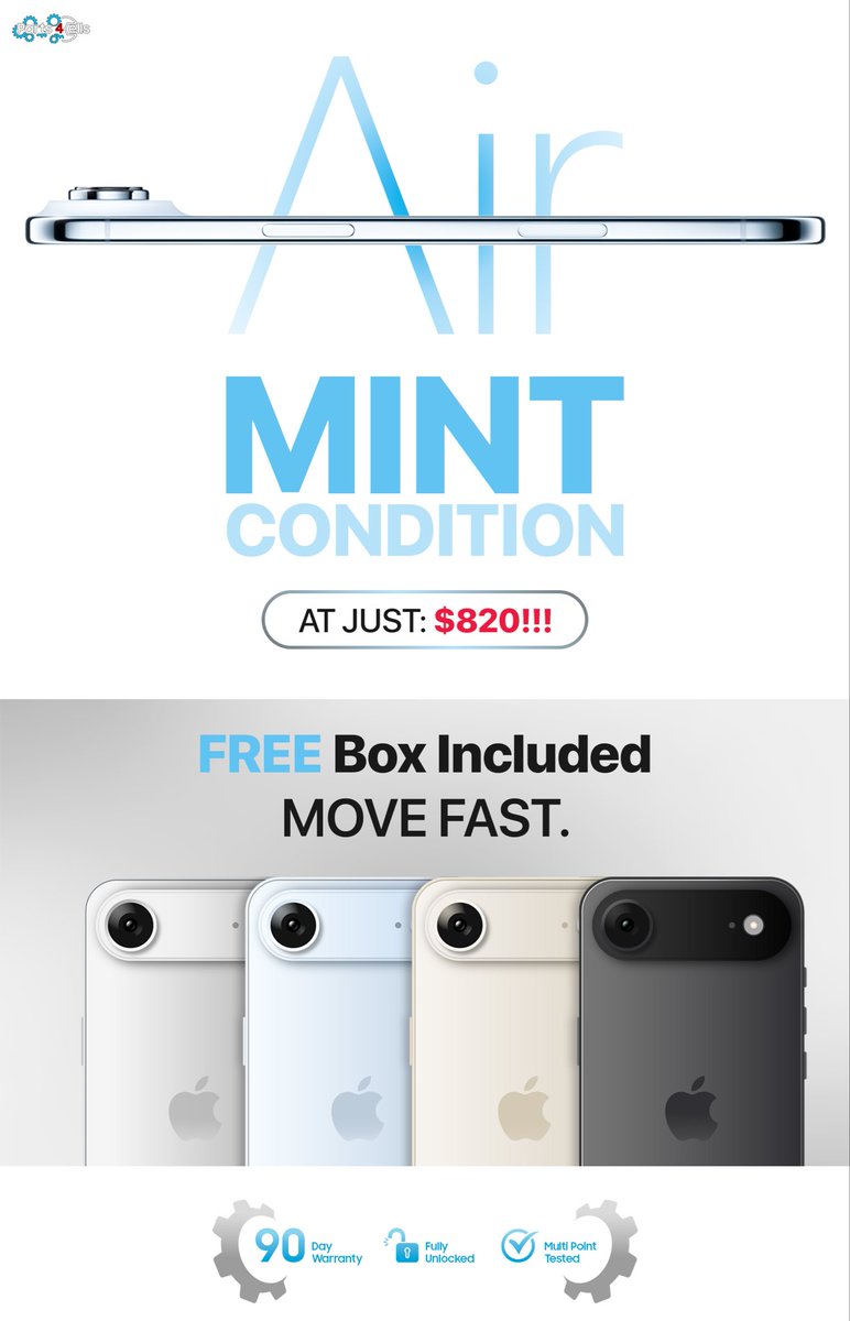 Parts4cellHQ's tweet photo. Your shop needs this — and this.
$950 Built-In Extraction Laser Machine
Mint iPhone Air @ $820 (FREE box included)
Upgrade your repairs.
Upgrade your inventory.
Upgrade your margins.
Move fast.
#PhoneWholesale #RepairShop #TechReseller #InventoryDrop https://t.co/ptjLPFqXoa