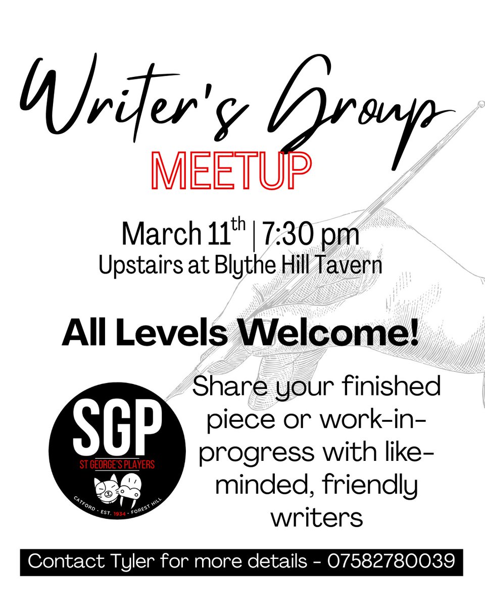 StGsPlayers's tweet image. WRITING GROUP MEETING NEXT WEEK - Wed 11th - Blythe Hill Tavern - join us to finalise our script line-up for the Telegraph Hill Festival 16th March!
@DramaGroups @SydenhamSociety @StageDirect @Theatre_SE @BHillvillage #amdram #amdramtheatre #writinggroup #writers #scratchnight
