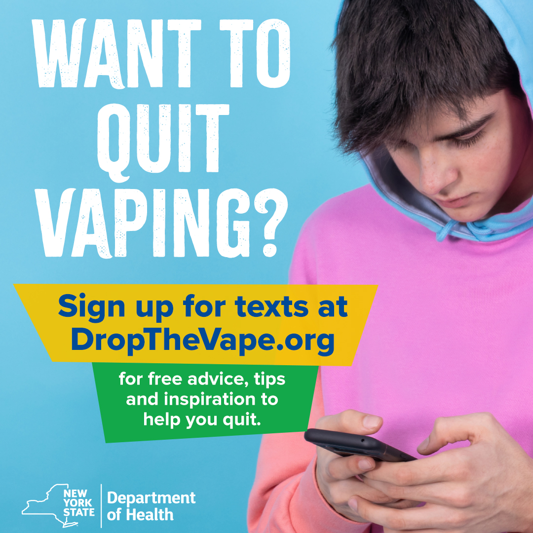 nycHealthy's tweet photo. Ready to quit vaping? Vapes contain nicotine, which is very addictive and can affect mental health. DropTheVape can help you take back control. Young people can sign up at https://t.co/grXI1v3fXV for free, confidential texting support to quit vaping. #cities4health https://t.co/p6q2sXtYEN