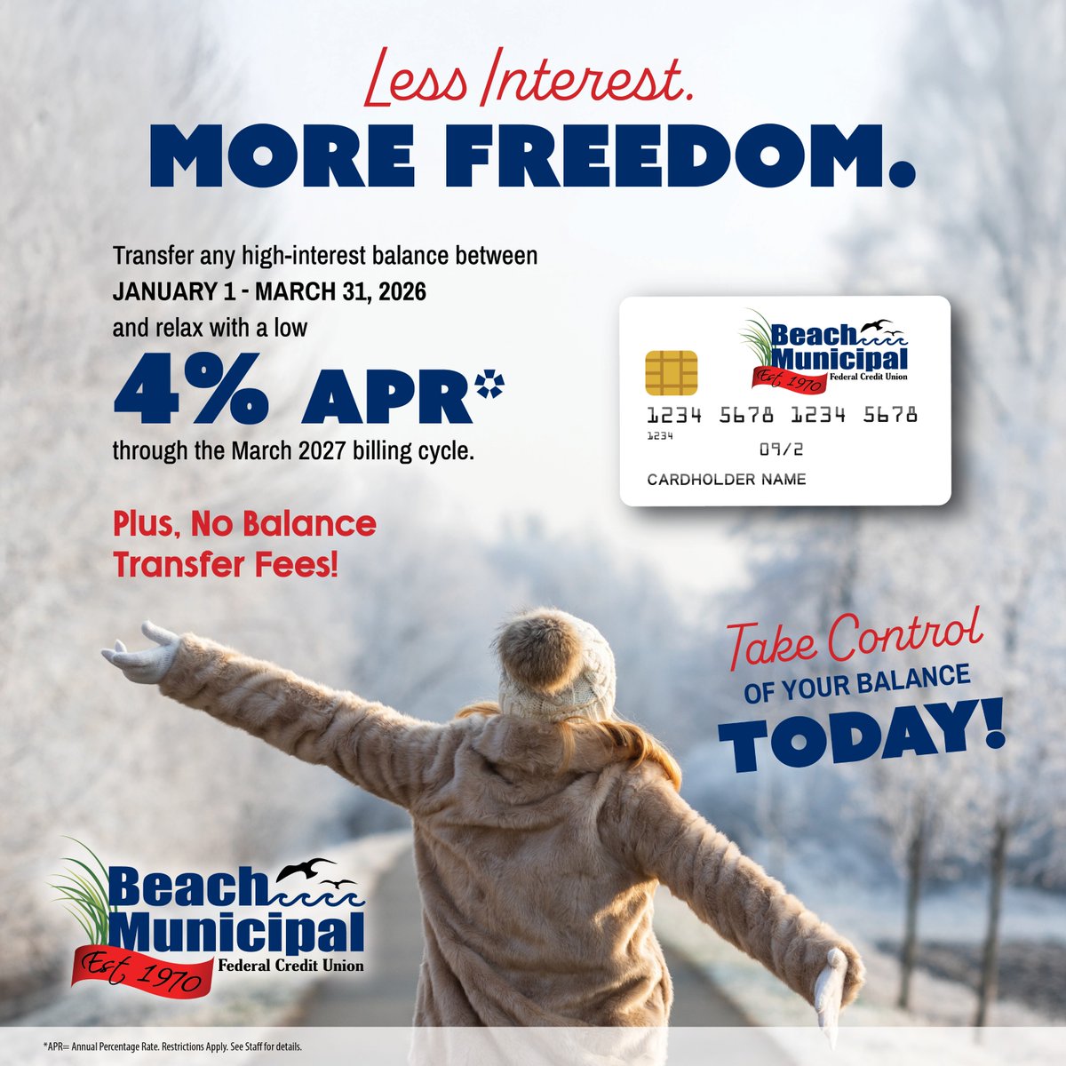 BeachMunicipal's tweet image. Say NO to high interest with our low 4% balance transfer offer! Hurry, this promotion ends 3/31. ✍️ Complete the online form to start saving today: ow.ly/cOh430sTTvh
#LessInterest
#MoreFreedom
#BalanceTransfer
#Savings