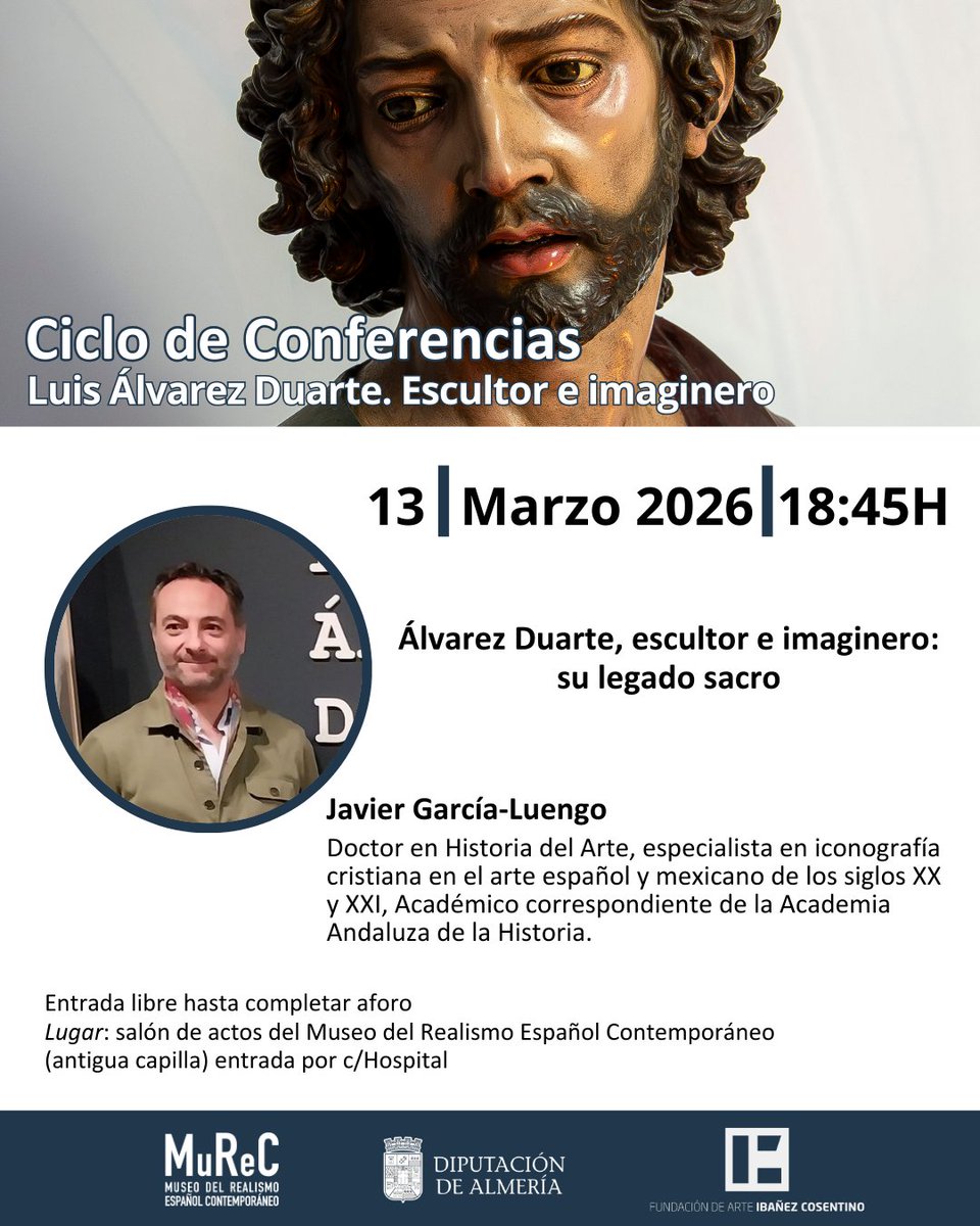 📣 Ciclo de conferencias con motivo de la exposición “Luis Álvarez Duarte. Escultor e imaginero. Legado Álvarez Duarte”.

🗿 Dos jornadas en las que contaremos con especialistas que ofrecerán distintas miradas sobre el escultor.

📅 Jueves 12 y viernes 13.

#Murec #AlvarezDuarte
