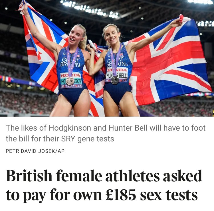 “<a href="/BritAthletics/">British Athletics</a> female track &amp; field athletes are being asked to cover the cost of their own £185 sex verification tests if they want to compete internationally.”

“Some complain that it is unfair when the test is not required for male athletes.”

How little do UK Athletics care