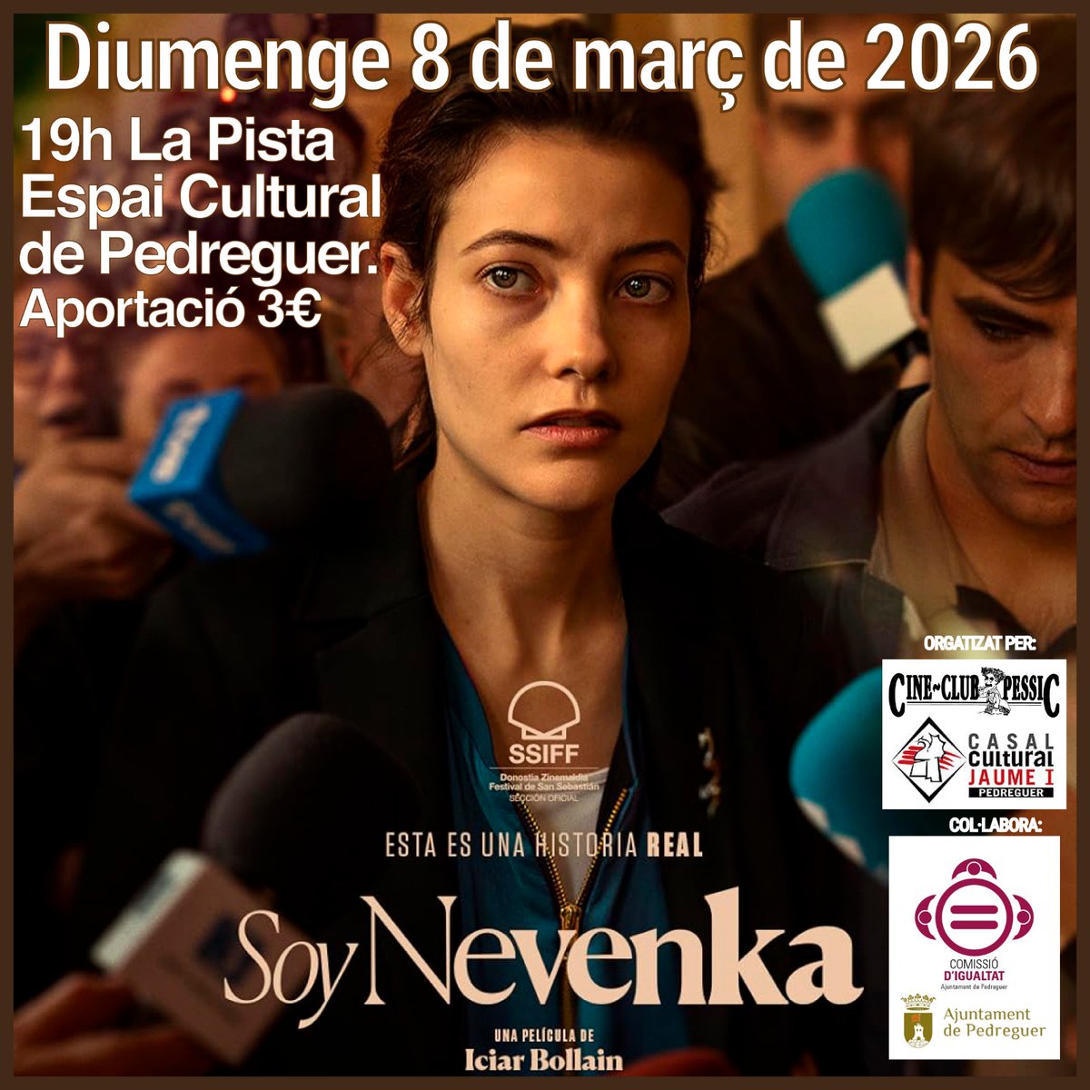 PessicPedreguer's tweet photo. Diumenge, dins de la programació del 8M, projectem "Soy Nevenka".
La historia de la primera dona que va denunciar un polític espanyol per assetjament i que tracta una xacra que, lamentablement, encara hui en dia es repeteix.
A les 19h a La Pista Espai Cultural de Pedreguer. https://t.co/jFDqYPRuXz