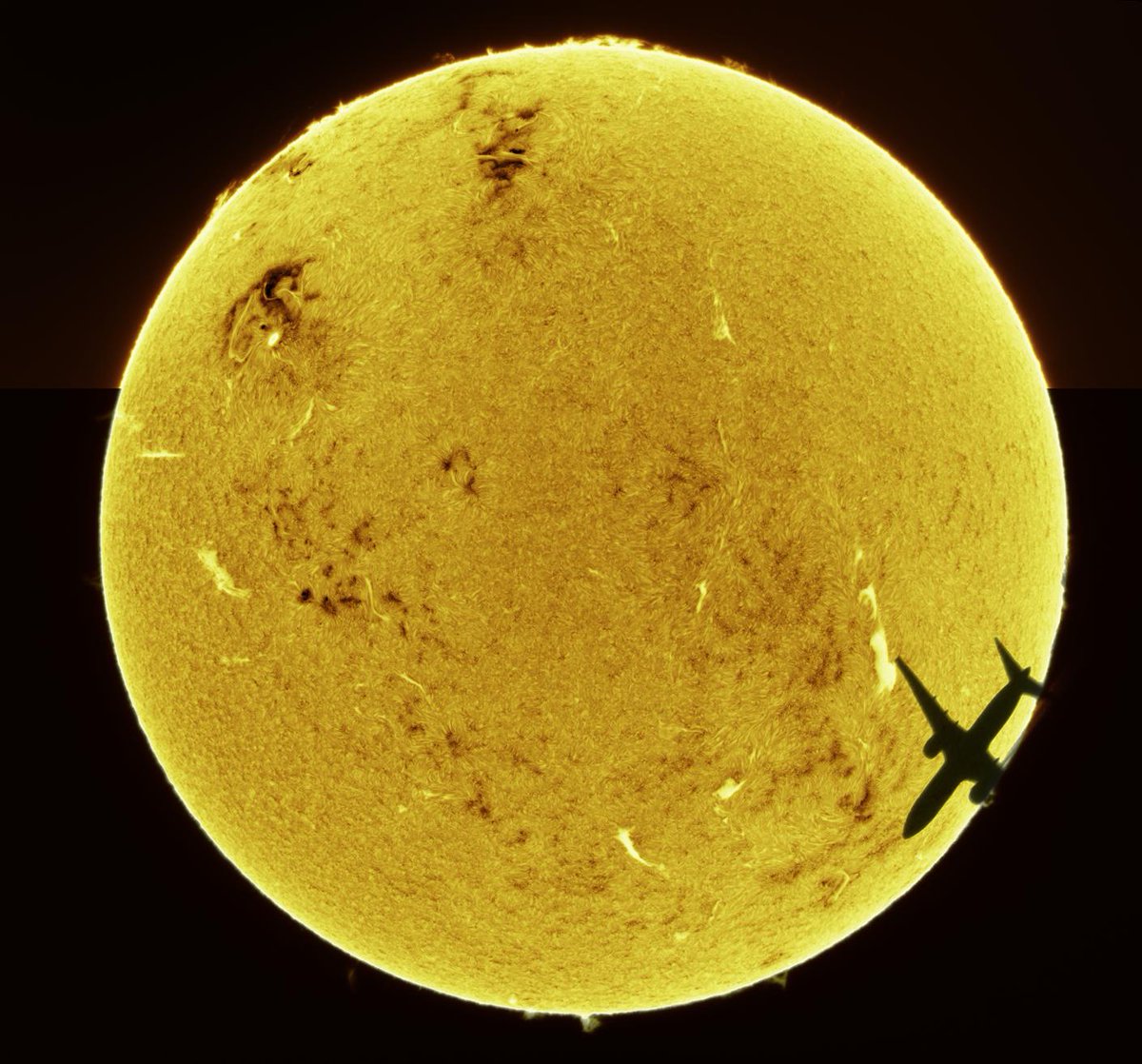 LoneStriker1's tweet photo. Randomly caught a solar transit of a plane while using my HA telescope.  Sometimes it pays to just be randomly lucky @MikeSeeley @AJamesMcCarthy. Mosaic image was processed to invert the Hydrogen Alpha image and merged with top half taken separately (scope covers ~1/2 of the sun) https://t.co/kRfLbk43lE