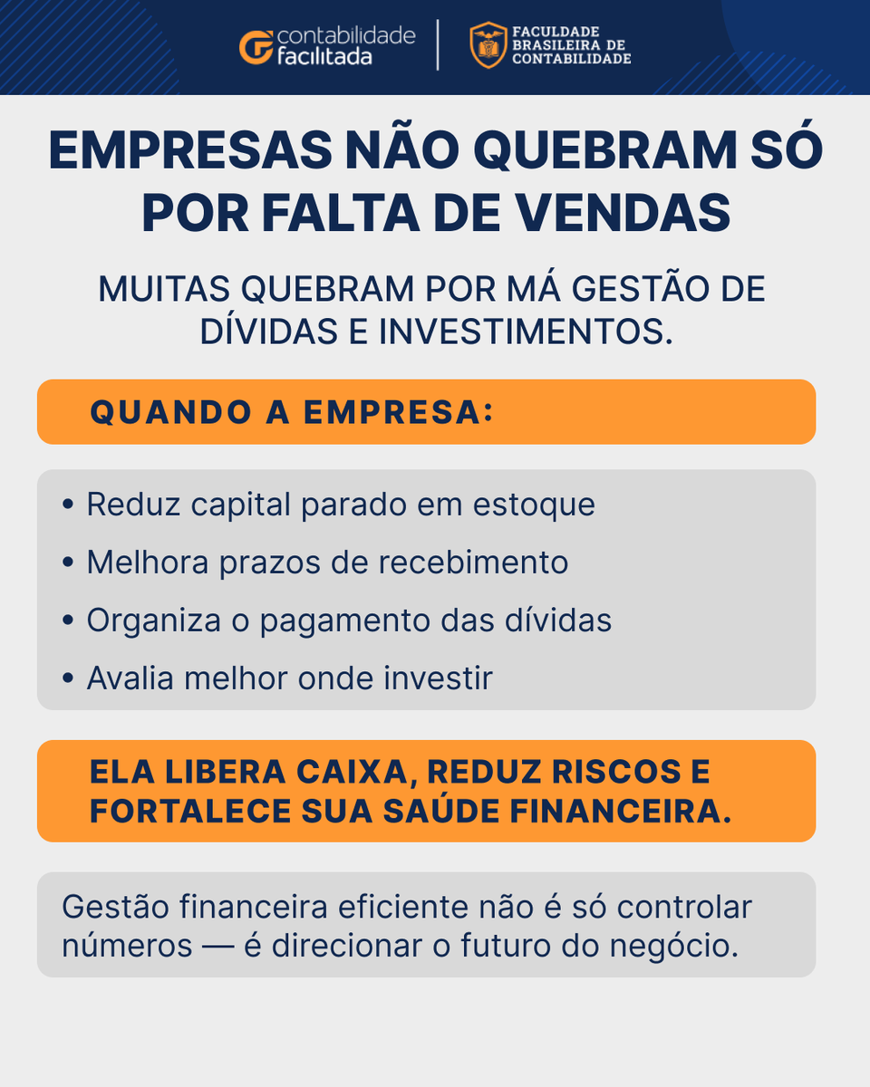 contfacilitada's tweet photo. Empresas não quebram só por falta de vendas.
Muitas quebram por má gestão de dívidas e investimentos.
Estoque parado, prazos ruins de recebimento e decisões financeiras sem análise consomem o caixa silenciosamente.

Boa gestão financeira não é só controlar números.
É garantir a sobrevivência do negócio.

Clique no link e descubra como o Contador pode ter uma atuação mais estratégica dentro das empresas: https://t.co/wON90nsLkx