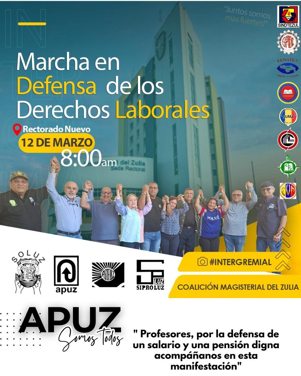 En defensa del salario, las jubilaciones y las pensiones, la Asociación de Profesores de la Universidad del Zulia (APUZ) saldrá a la calle el próximo 12 de marzo, a cuatro años del último ajuste salarial
#SalarioDignoYA