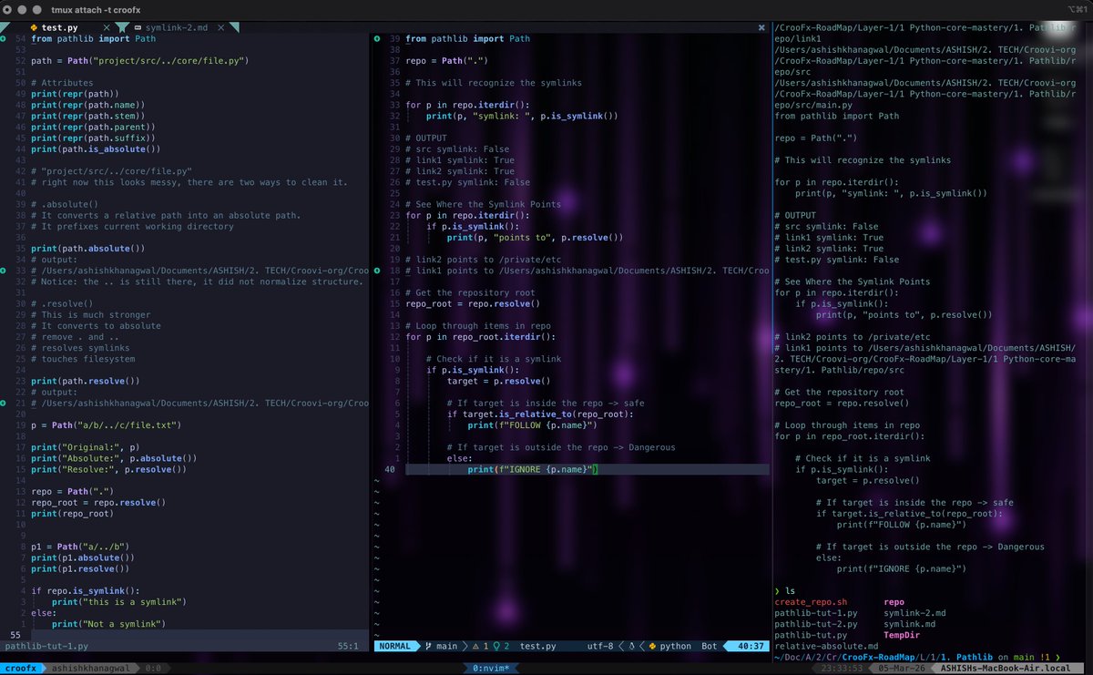 TheAshrex's tweet photo. Day 4 of building @CrooviOfficial 's CrooFx:

Working on deterministic repo scanning with pathlib

Handling resolve(), absolute vs relative paths, and symlink traversal so the scanner cannot escape the repository root.

Without strict path normalization, a scanner can accidentally traverse the entire filesystem.