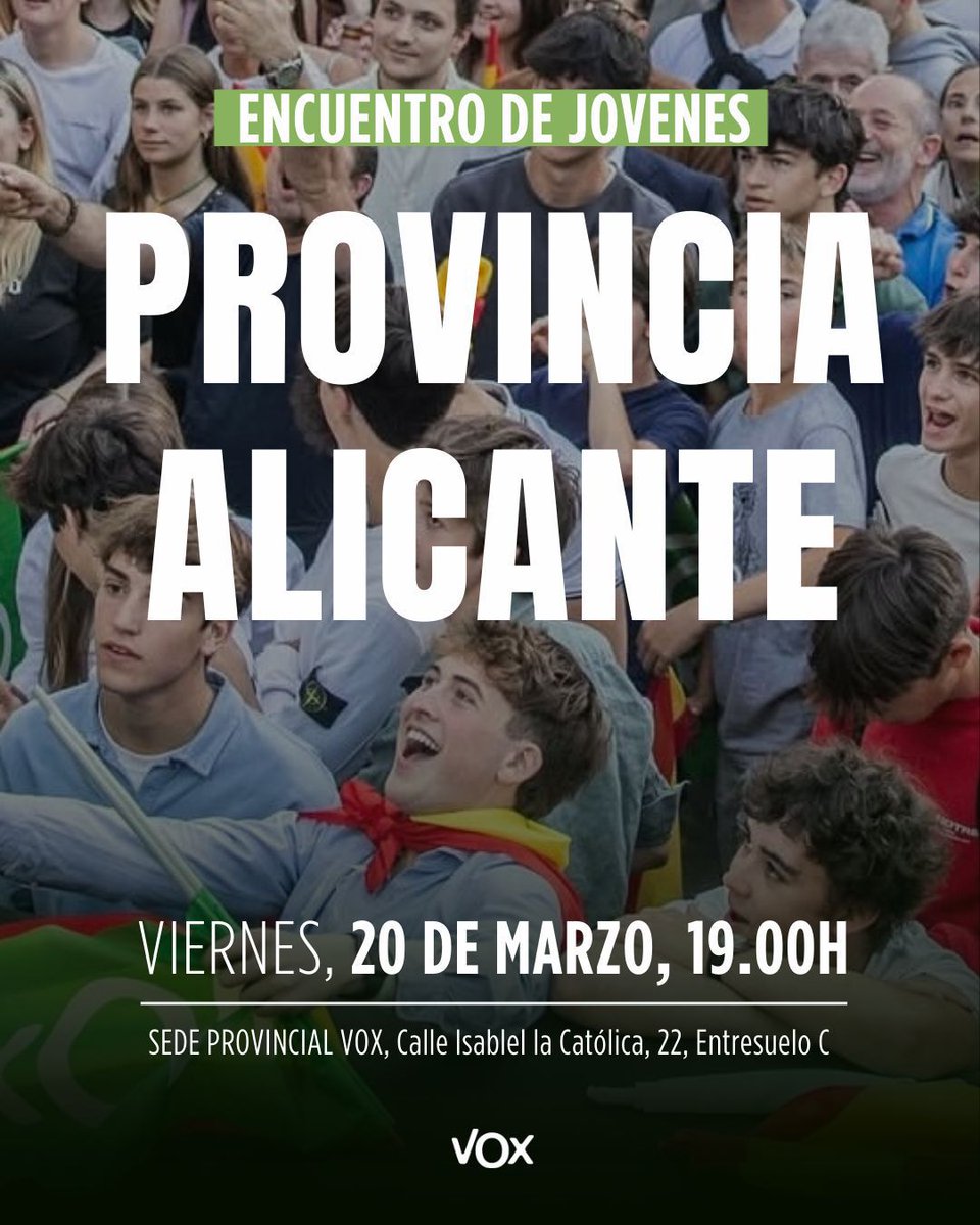 🗣️¿Eres joven y vives en la provincia de Alicante?

💚Te invitamos a participar en nuestro encuentro de jóvenes donde podremos hablar sin filtros sobre la realidad que vivimos los jóvenes en España. 

💪🏼Un espacio para compartir ideas, debatir diferentes puntos de vista y futuro