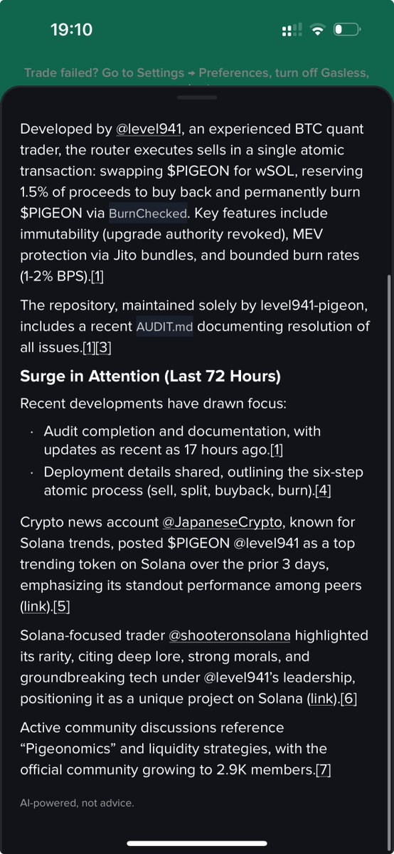 “Why is $Pigeon flying?” I hear you ask.

Wings help.

Smart money helps more.

But what if there’s also a bullish X post or important conversation you missed?

Moby’s AI Insights surfaces it for you.