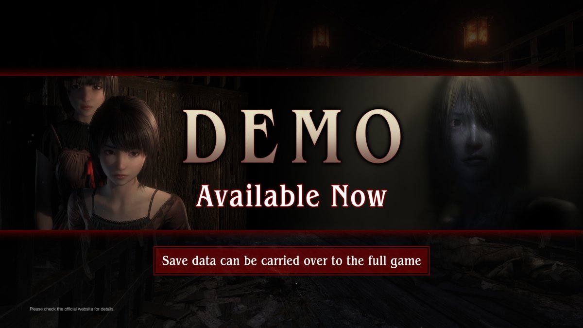 🦋#FatalFrameIIRemakeDemo

📷Demo Available Now!  

Play the early part of the game and carry your save data over to the full release.    

 Experience the enhanced graphics and sound, the new hand-holding feature between Mio and Mayu, and intense battles with the upgraded Camera