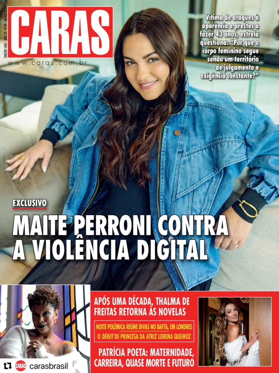 mundo_producoes's tweet photo. #Repost @carasbrasil  
・・・
Estrela internacional na capa desta semana! Maite Perroni (@maiteperroni), eternizada no RBD, desabafa sobre os ataques que recebe pela aparência nas redes: “Por que o corpo feminino segue sendo um território de julgamento”. A edição desta semana ainda traz Thalma de Freitas (@thalma), de volta ao Brasil e às novelas, e Patrícia Poeta (@patriciapoeta) que relata experiência de quase morte.

———

Ensaio de capa:

Stylist e Fotografia: Sergio Valenzuela
Assistentes de Stylist: Samantha Díaz e Nadia Cardiel
Maquiagem: Beatriz Cisneros
Cabelo: Karime Gómez
Texto: @silvamariaana
Locação: @vivayalluca
Coordenação: Punto y Aparte MK
Management: Carolina Palomo
RP Brasil: Mundo Produções @mundoproducoes
