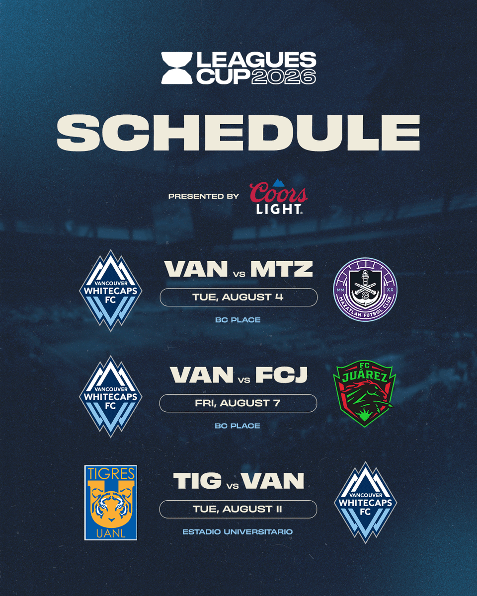 WhitecapsFC's tweet photo. Our 2026 Leagues Cup Schedule 🔥
Presented by @CoorsLight

📰 | https://t.co/oebEAQFpfn

#VWFC | @LeaguesCup https://t.co/Djm6x9kx2r