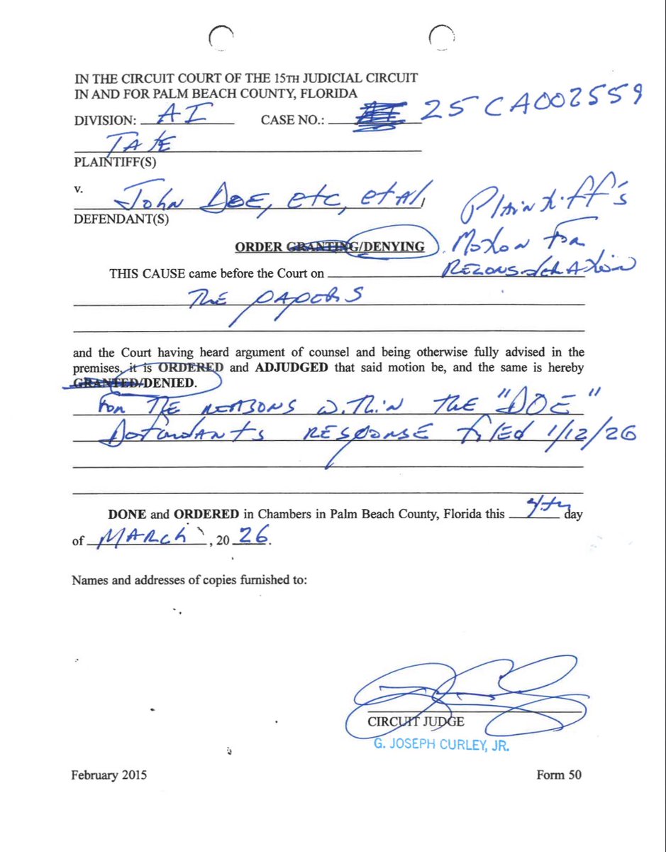 CrayonMurders's tweet image. 🚨🇺🇸 BREAKING 

Andrew Tate vs John Doe (Crayon Murders) et al

The Honorable Judge Curley has DENIED Andrew Tate’s request to reconsider the court’s decision not allowing Tate to sue Doe defendants.