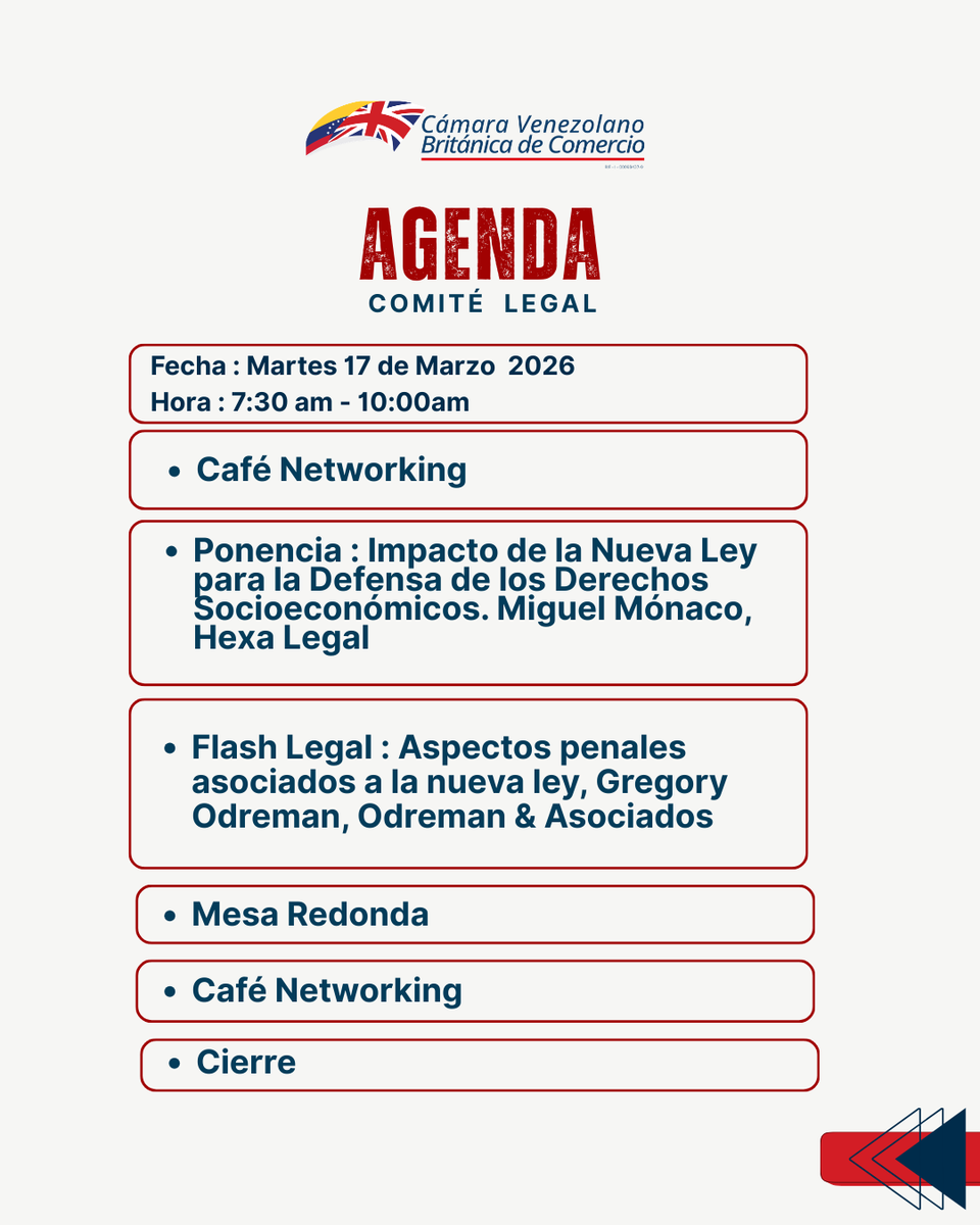 britchamve's tweet photo. Los invitamos al próximo encuentro del Comité Legal de la Cámara Venezolano Británica de Comercio.
Fecha : Martes 17 de Marzo 2026
Hora : 7:30 am - 10:00am
Lugar : EY. Caracas Campus. La Trinidad
Inscripción: eventos@britcham.com.ve
#britchamve #comites #Afiliados https://t.co/3iTQrf6efl