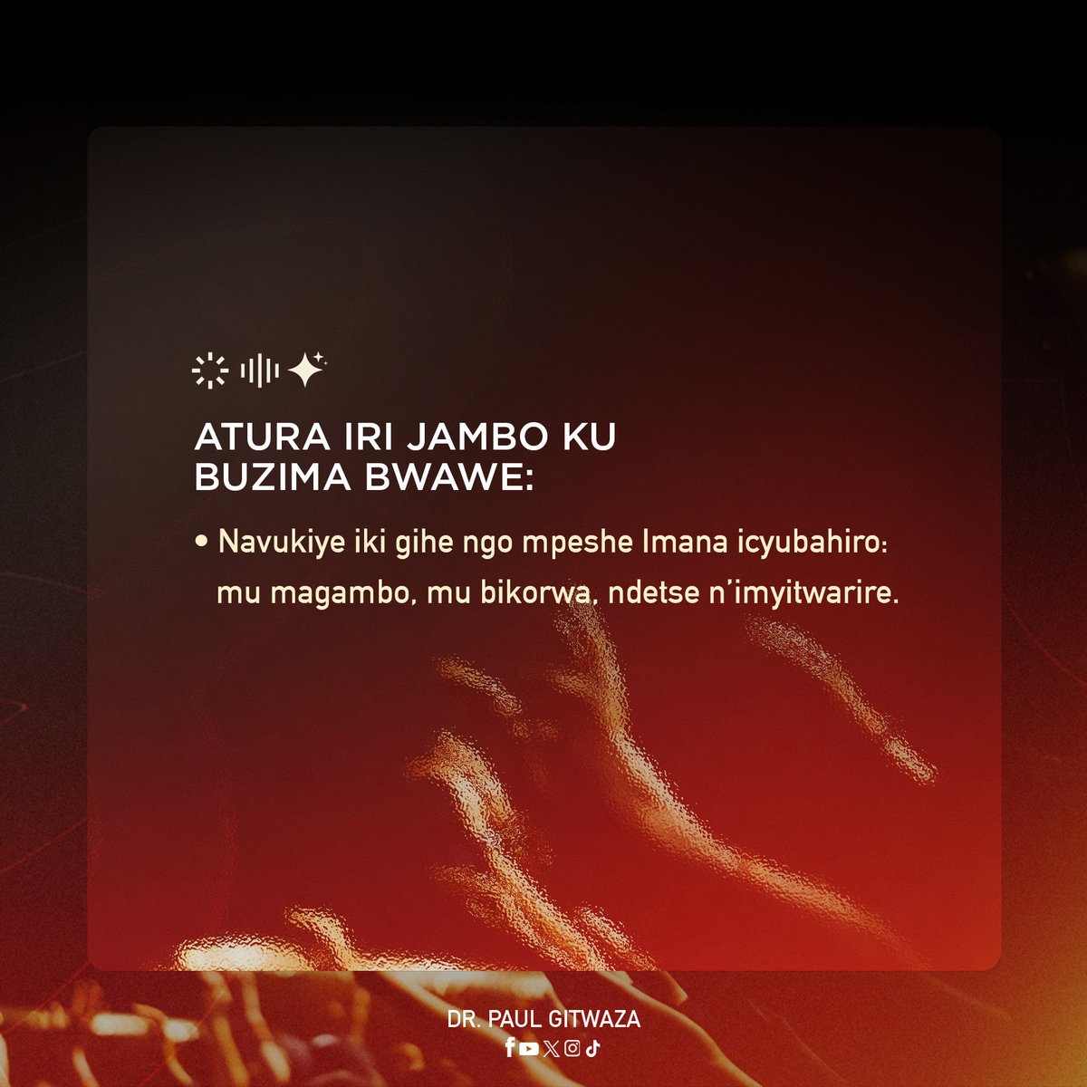PaulGitwaza's tweet photo. Nshuti yanjye, ntabwo uri kw’isi kubw’impanuka, waremwe bitangaje, warabumbwe kandi uruzuzwa (uranozwa) kubera iyi mpamvu: “guhesha Imana icyubahiro.” Amena!

My friend, you are not on earth by accident; you have been wonderfully created, formed, and made for this purpose: to give God glory. Amen!

Mon ami, tu n'es pas seulement sur terre par hasard; tu as été merveilleusement créé(e), formé(e) et façonné(e) pour ce but: “rendre gloire à Dieu”. Amen!

Subscribe to AKGC for your weekly newsletter: https://t.co/uHVfcKxaJR