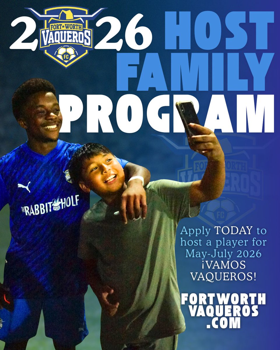 Open your home. Support the beautiful game. ⚽️

Our 2026 Vaqueros &amp; Vaqueras Host Family Program is now open.

Thank you to the Ayala family for already stepping up to host a future Vaquero! 💙

Learn more &amp; apply: fortworthvaqueros.com