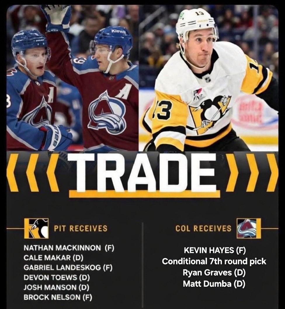 PenguinsJesus's tweet photo. Per @ThePoniExpress this trade between #LetsGoPens and the #GoAvsGo is reportedly “at the goal line” and pending a trade call. https://t.co/Zn98hg7fPS