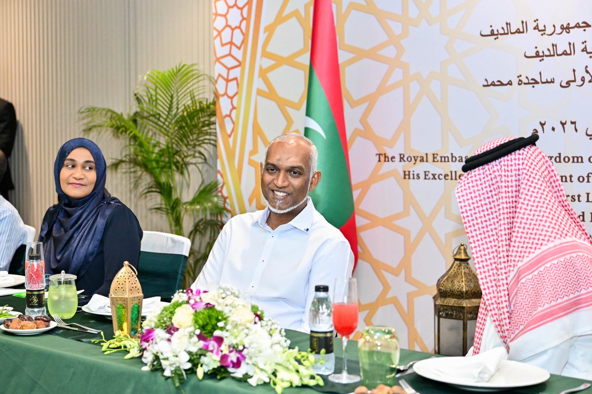 presidencymv's tweet photo. His Excellency President Dr @MMuizzu and First Lady @sajidhaamohamed attend the Iftar reception hosted by His Excellency @YHAlghtani, Ambassador of the Kingdom of Saudi Arabia to the Republic of Maldives, at Hotel Jen.

The reception was attended by senior Government officials and members of the diplomatic corps representing various countries in the Maldives.