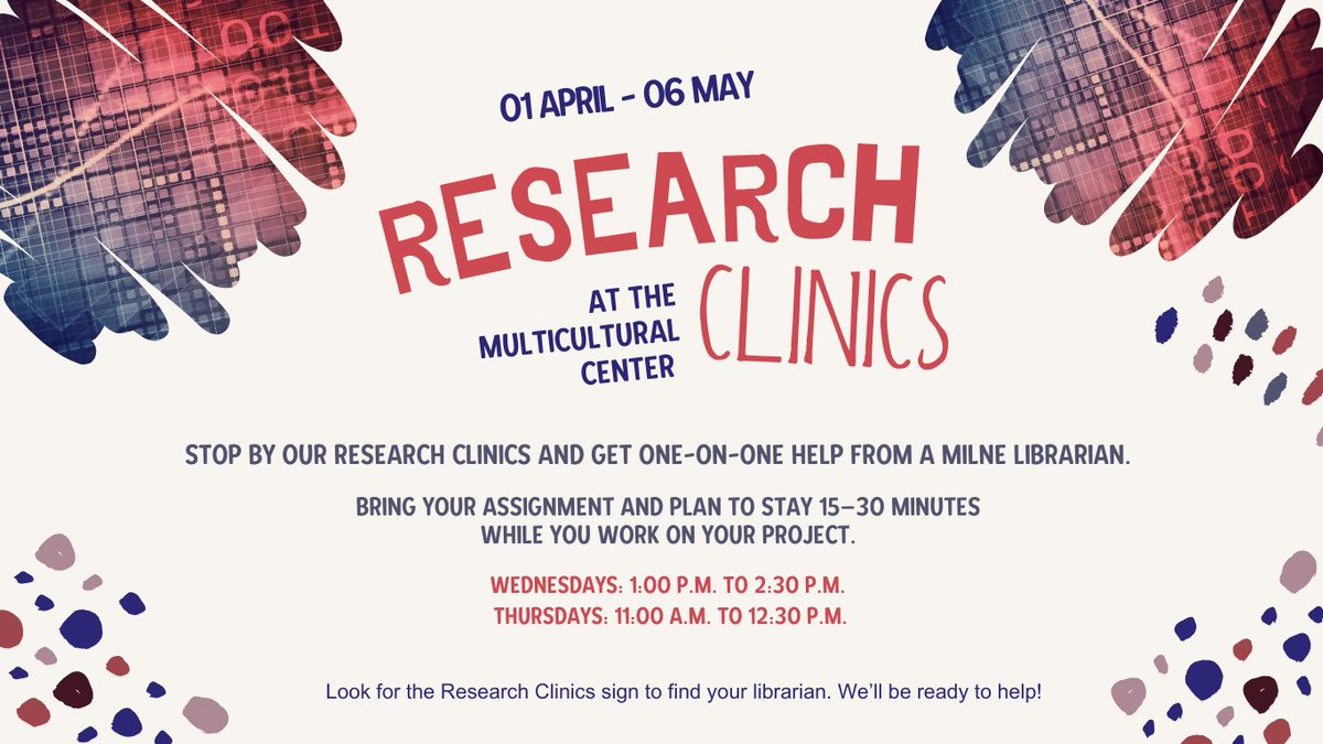 Milne_Library's tweet photo. #geneseo A #MilneLibrary research instruction librarian will be available at the Multicultural Center during the weeks of April 1st—May 6 on Wednesdays from 1:00 p.m.—2:30 p.m. and Thursdays at 11:00 a.m. to 12:30 p.m. https://t.co/3Ld6wAouz5