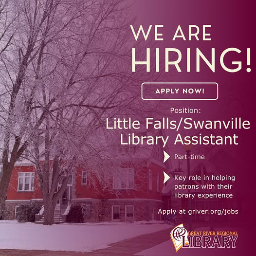 cdcmorrisonmn's tweet photo. 📢 Now HIRING! 
📚 Little Falls &amp; Swanville are seeking applicants for a Part-Time #LibraryAssistant! Learn more and apply at https://t.co/9hE3Y6cwL4 📖📕

#LoveBooks #GRRL #PartTimeJobs #LittleFallsMN #SwanvilleMN #MorrisonCounty https://t.co/c98Z19HQ0V