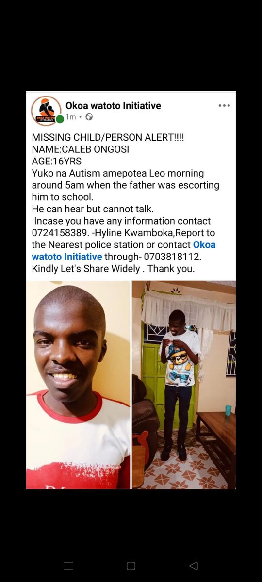 MISSING CHILD ALERT.
Hello all, if you're seeing this I ask that you kindly help me in reposting for further reach 🙏. The boy is AUTISTIC, doesn't speak at all. Was last seen at Mwiki, Kasarani, but we're afraid he might have boarded a matatu to a place he's unfamiliar with.