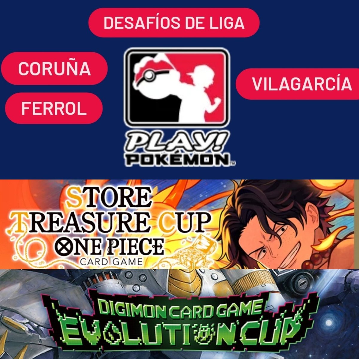 metropol_comics's tweet photo. Mantente conectad@!! No solo tienes cómics en tus tiendas metropolitanas. Este fin de semana te esperan:
👍 #DesafíosdeLiga Pokémon en todas las tiendas, 7 de Marzo. ;)
Enlace al evento: https://t.co/bRRPeM5E3t
👍 Comenzamos las #EvolutionCup de Digimon CardGame, revisa fechas y a por ellas!
Enlace al evento: https://t.co/3FTenWQDY3
👍 En Coruña, a partir del 14, jugaremos las #TreasureCup de #OnePiece tcg, con unas cartas de premio fantásticas!
Enlace al evento: https://t.co/OIxTJMwB4e
Así que comienza a cuadrar fechas y a ver a que te apuntas! Quieres saber más? Entra en este enlace y verás todo lo que tenemos preparado para ti ;).
Actividades del mes: https://t.co/cAZG8srgF3
Ah! y sino sabes jugar, te enseñamos y regalamos mazos para aprender. Pregunta en mostradores por nuestras sesiones de demostración y disponibilidad de mazos ;).
¡¡Play the games!!