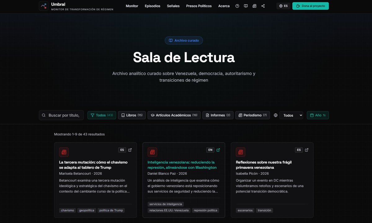 Quiero invitarlos a la Sala de Lectura, donde hay libros, artículos e informes sobre Venezuela. 

Alguien me envió propuestas de políticas públicas y también las incorporé a la sala, transformándose en un repositorio de ideas para el futuro.

📖 > umbral.watch/reading-room
