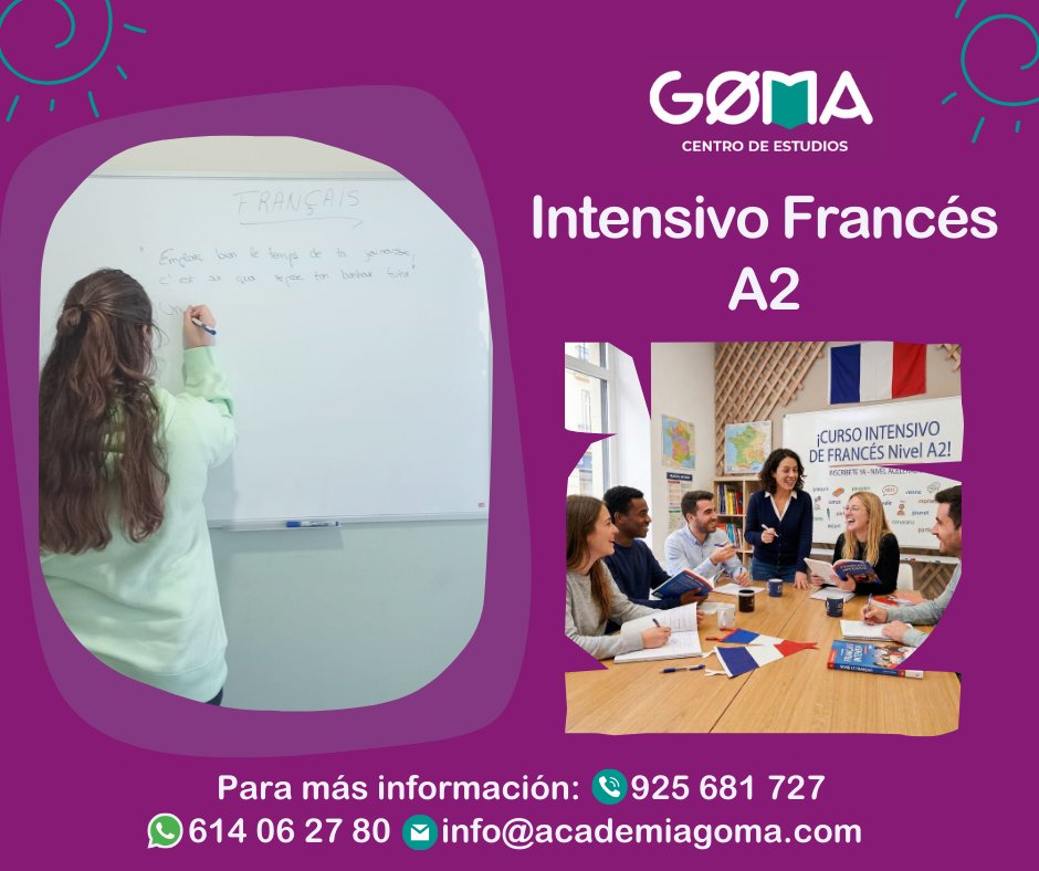 🇫🇷 ¡Nuevo Curso Intensivo de Francés Nivel A2 en GOMA! 🇫🇷
Mejora tu nivel rápidamente con nuestras clases especializadas. Ideal para estudiantes y opositores. 📚
Academia GOMA 📲 Info: 925 681 727 📧 info@academiagoma.com
#Frances #Idiomas #CursoIntensivo #GOMA #Talavera