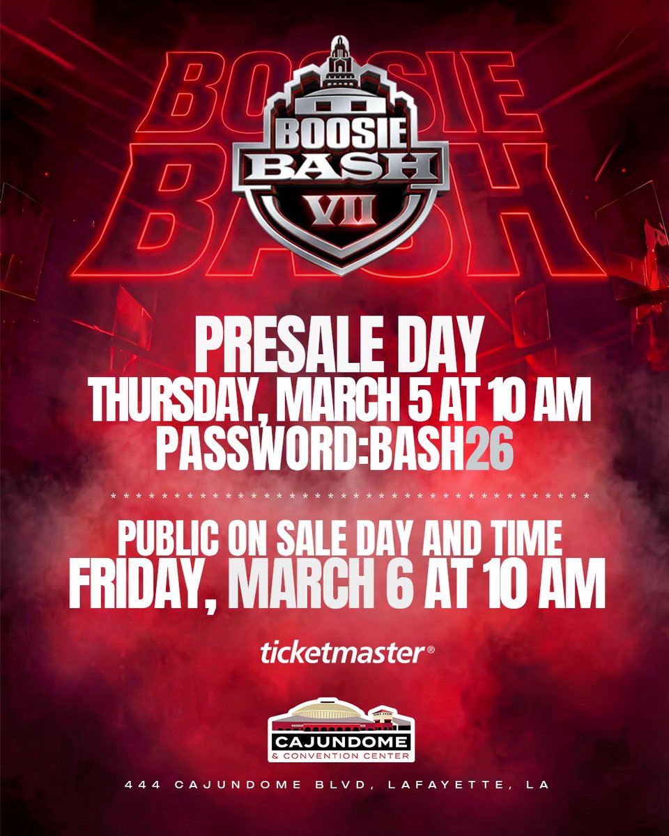 BOOSIEOFFICIAL's tweet photo. Today Today Today 
Who ready for Boosie Bash VII? 🔥

🎟 Presale: Thursday March 5 @ 10AM
🔑 Password: BASH26
🎟 Public Sale: Friday March 6 @ 10AM

📍 Cajundome — Lafayette, LA @cajundome 

https://t.co/RjOnpoZ01v

#BoosieBash #LouisianaConcerts #HipHopEvents #LafayetteLA https://t.co/DKMKZwP570