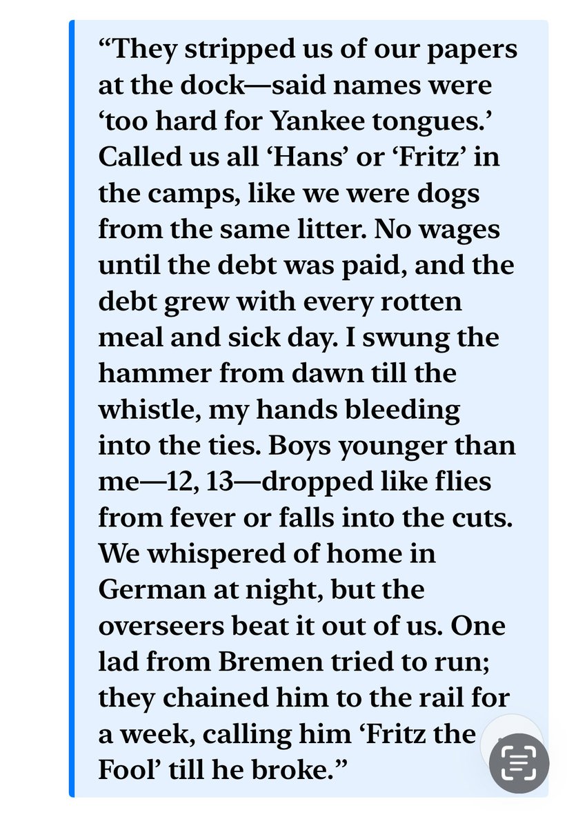 Jenn_Xrr's tweet photo. Speaking of slavery, you have to see this. I stumbled on some historical facts that completely debunk official narratives. My g-g-g grandad, at 11 years old was plucked off his farm in Germany along with thousands of young teen boys, stuffed onto ships “like pigs” to work the rails in Appalachia around the mid-1800s. These are diary excerpts, translated, from a few “survivors” that I dug up doing my research. Our ancestors weren’t slave owners… they were SLAVES!