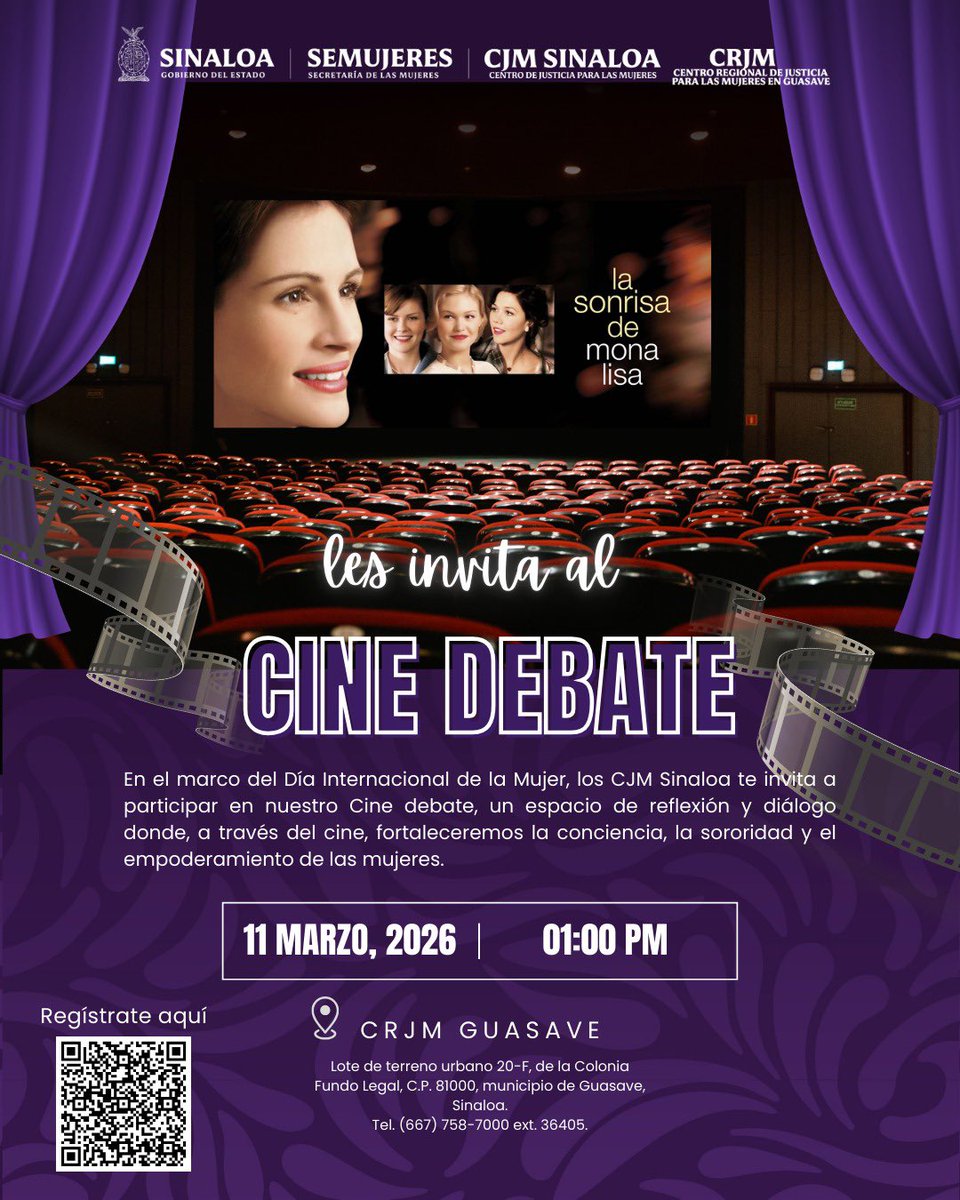 💜🎬 En el marco del Día Internacional de la Mujer, los #CJMSinaloa te invitan al Cine Debate con la proyección de Mona Lisa Smile.

📅 11 de marzo
Consulta horarios en las imágenes y regístrate escaneando el QR del centro de tu elección.