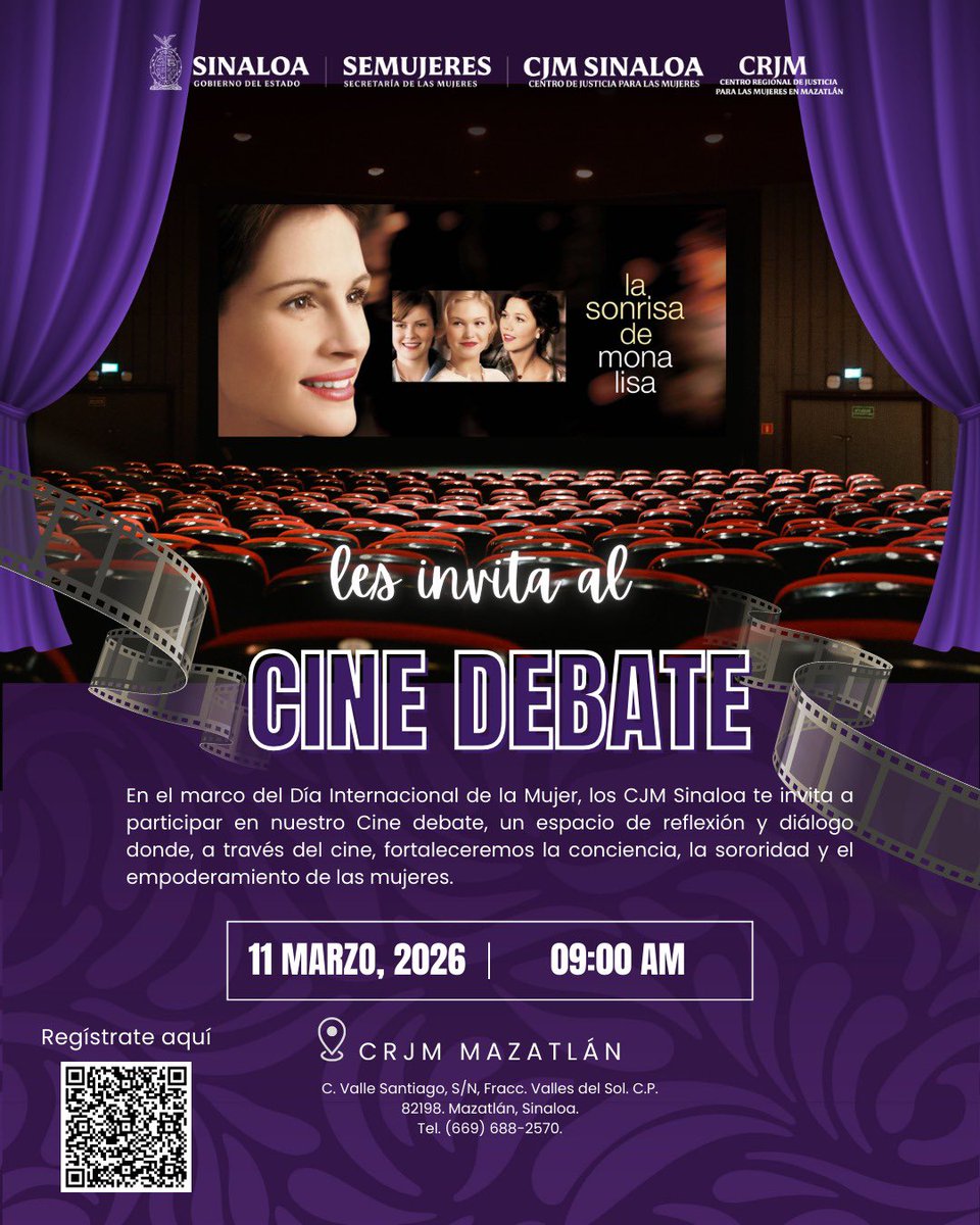 cjmsinaloa's tweet photo. 💜🎬 En el marco del Día Internacional de la Mujer, los #CJMSinaloa te invitan al Cine Debate con la proyección de Mona Lisa Smile.

📅 11 de marzo
Consulta horarios en las imágenes y regístrate escaneando el QR del centro de tu elección. https://t.co/P5CBIzDrN6