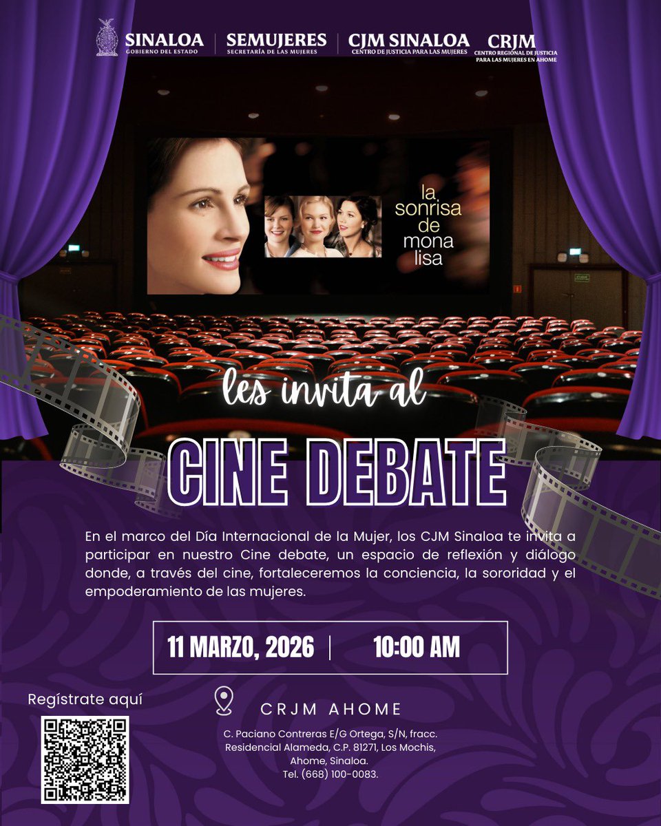 cjmsinaloa's tweet photo. 💜🎬 En el marco del Día Internacional de la Mujer, los #CJMSinaloa te invitan al Cine Debate con la proyección de Mona Lisa Smile.

📅 11 de marzo
Consulta horarios en las imágenes y regístrate escaneando el QR del centro de tu elección. https://t.co/P5CBIzDrN6