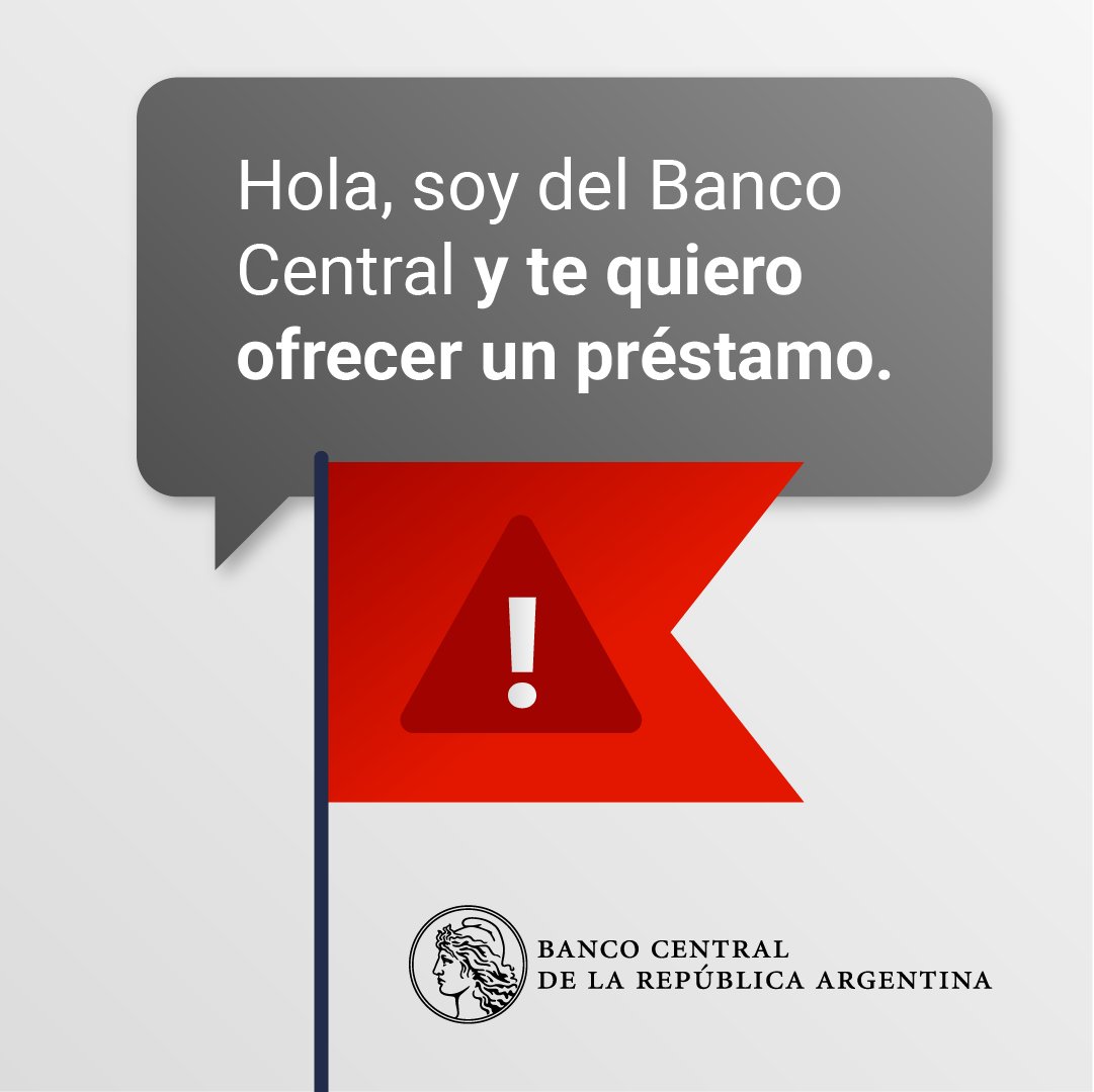 Si recibís un mensaje o llamado ofreciendo préstamos del Banco Central o de algún banco comercial, no respondas ni compartas tu información personal. 
 
El Banco Central no ofrece servicios financieros al público ni solicita datos personales o bancarios por teléfono, correo
