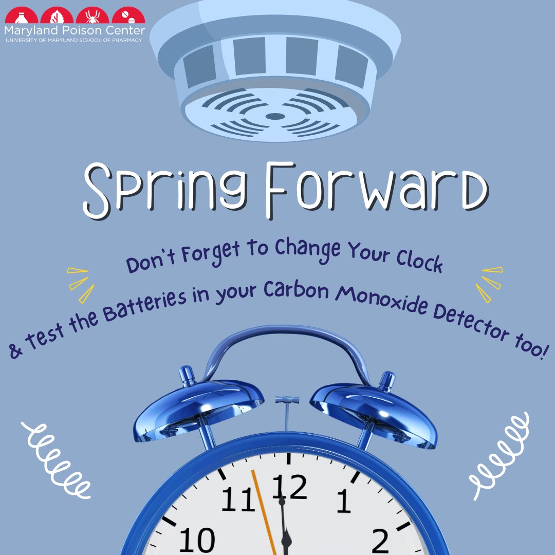 MDPoisonCtr's tweet image. It’s time to change our clocks and #SpringForward! Now is a great time to also test the batteries in your carbon monoxide detectors to keep your family safe and up to date.