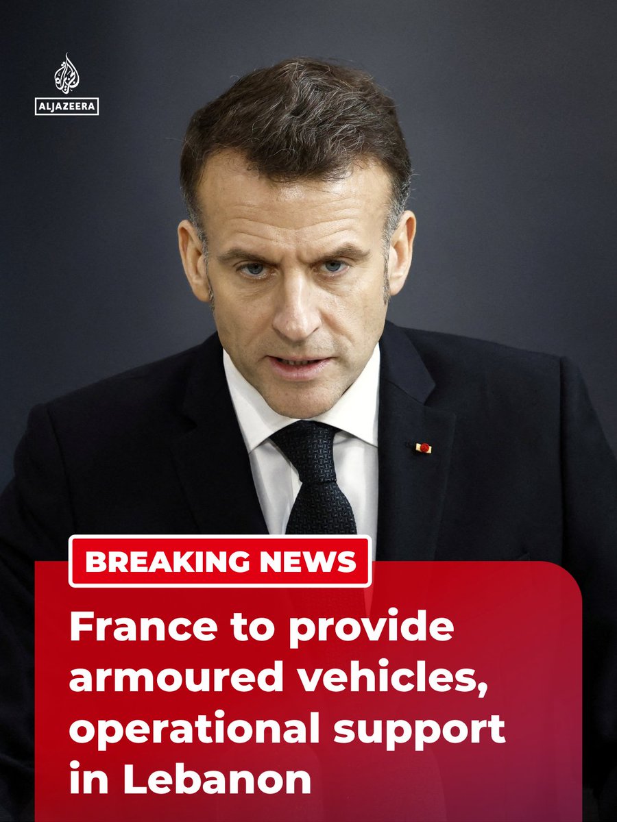 BREAKING: French President Macron has agreed to offer armored transport vehicles and operational suppor to the Lebanese army, as he called on Israel “not to expand the war to Lebanon.”

🔴 LIVE updates: aje.news/0x6lw9