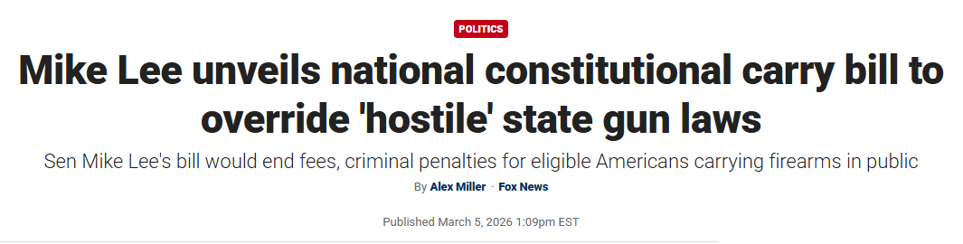 gunrights's tweet photo. "The Founders established a national right to keep and bear arms, not to ask for permission from hostile local officials or risk imprisonment for crossing the wrong state line," @BasedMikeLee  said in a statement to @FoxNews Digital.

"Many states already protect the right to carry without a permit, and it’s time to reaffirm this right for all law-abiding Americans," he continued. "The National Constitutional Carry Act will establish nationwide permitless carry to keep America safe and her people free."