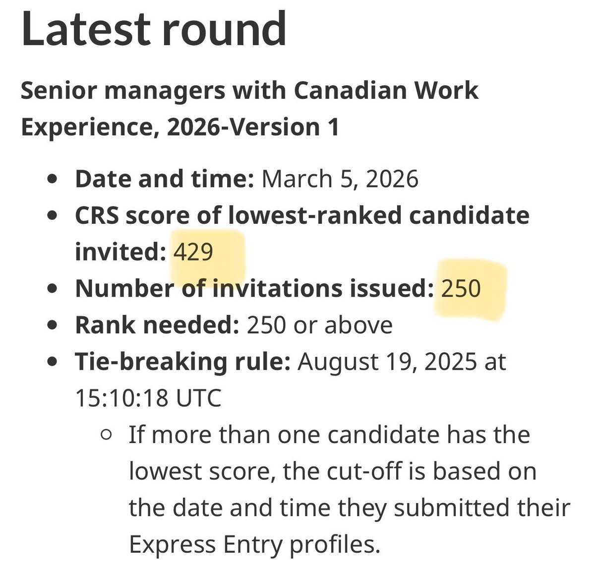 MannyLidher's tweet image. Express Entry Draw- Senior managers with Canadian Work Experience

CRS Cut-off: 429
# of ITAs: 250

#CanadaImmigration #ExpressEntry