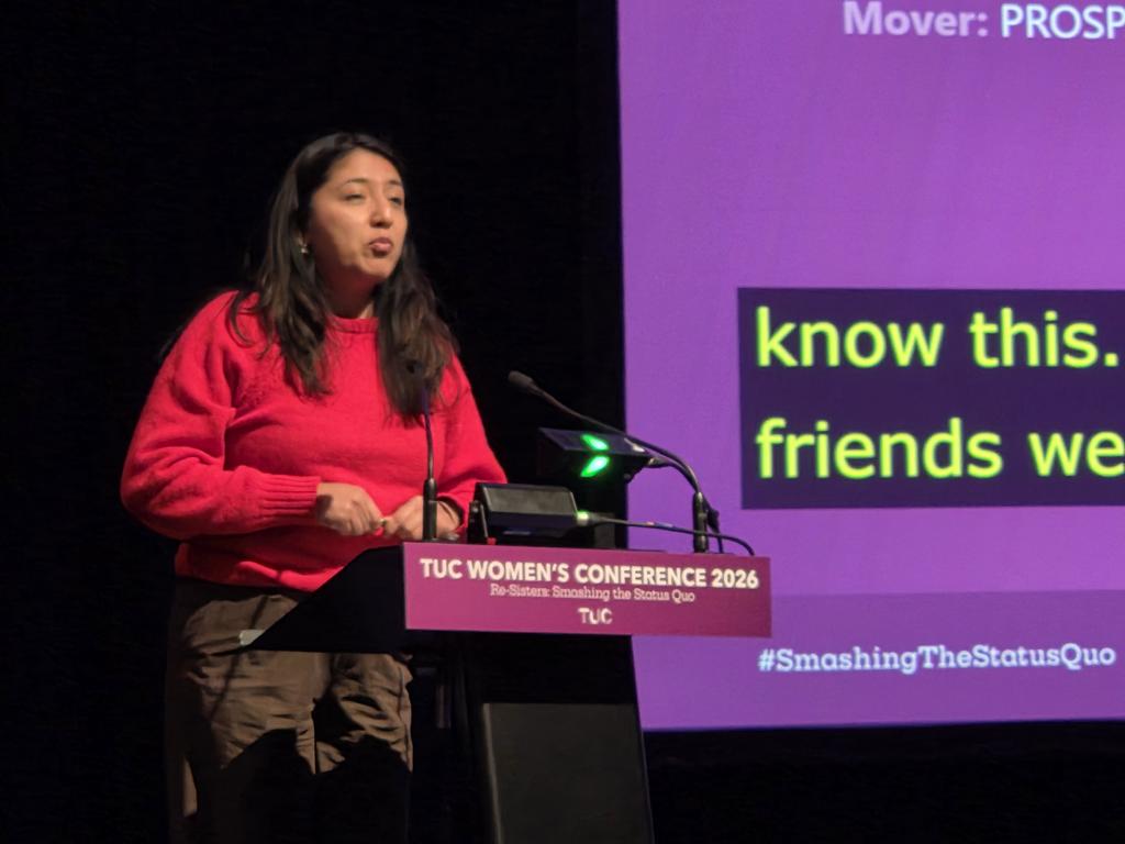 WomenInUNISON's tweet photo. Sara Medel-Jiminez supporting a motion on gender pension gap
#TUCWomen2026
#SmashingTheStatusQuo https://t.co/zs2ikvp0PT