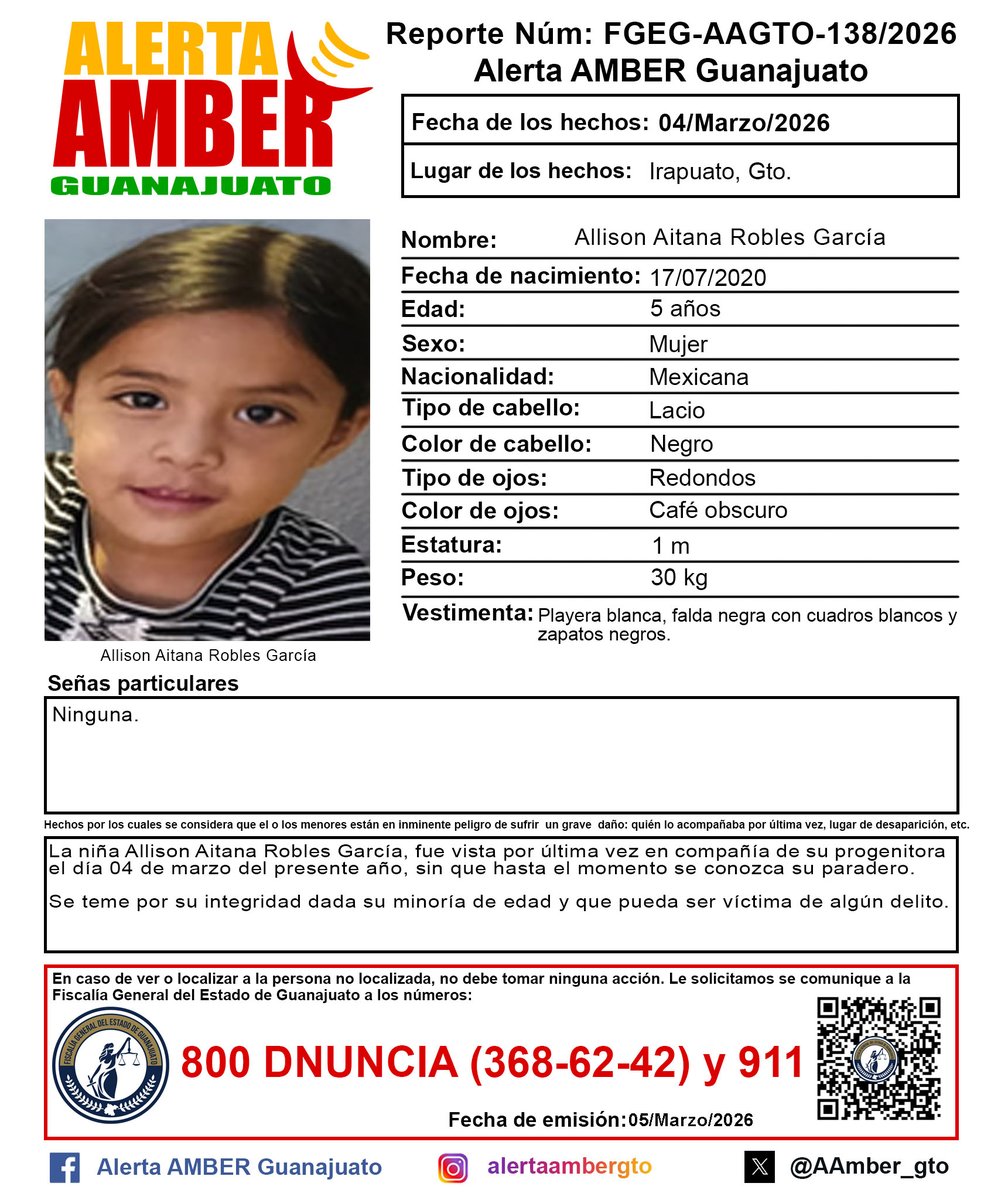 Activación de la Alerta AMBER Guanajuato de la niña Allison Aitana Robles García de 5 años, Irapuato, Gto. ¡Ayúdanos a localizarla!