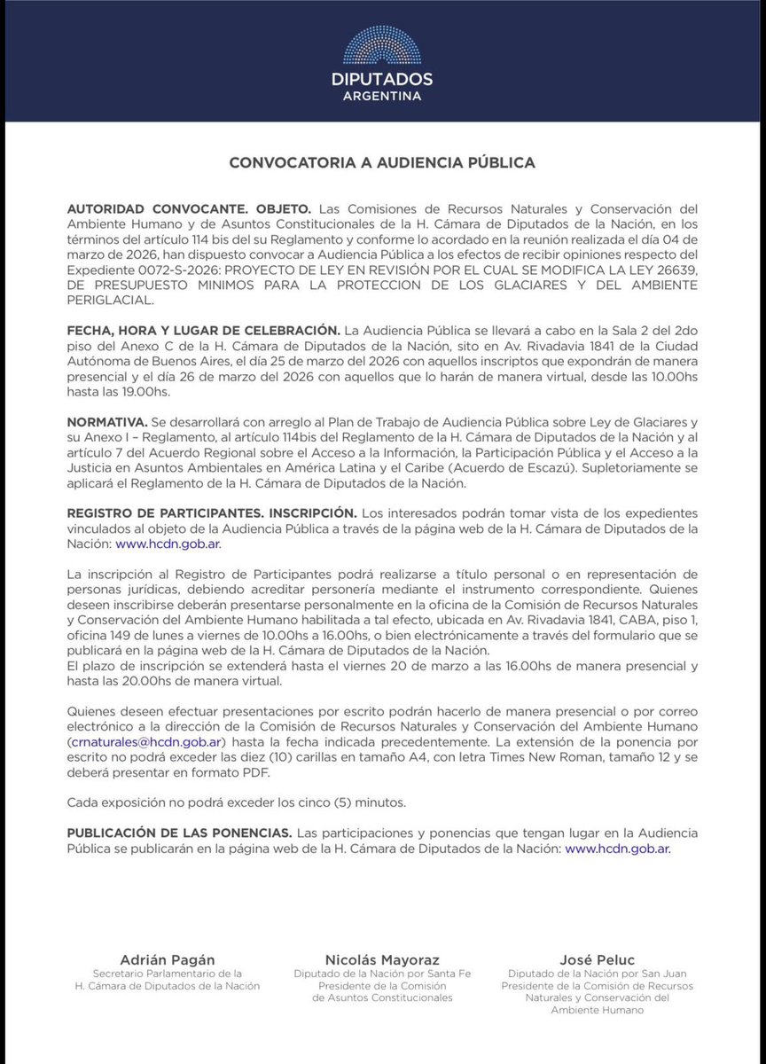 Bueno gente. A anotarse en la AUDIENCIA PÚBLICA para rechazar la modificación de la Ley de Glaciares. 

• Se inscriben presencialmente o en la página web de Diputados (NO POR MAIL).

• Hay tiempo para anotarse hasta el 20 de marzo.
