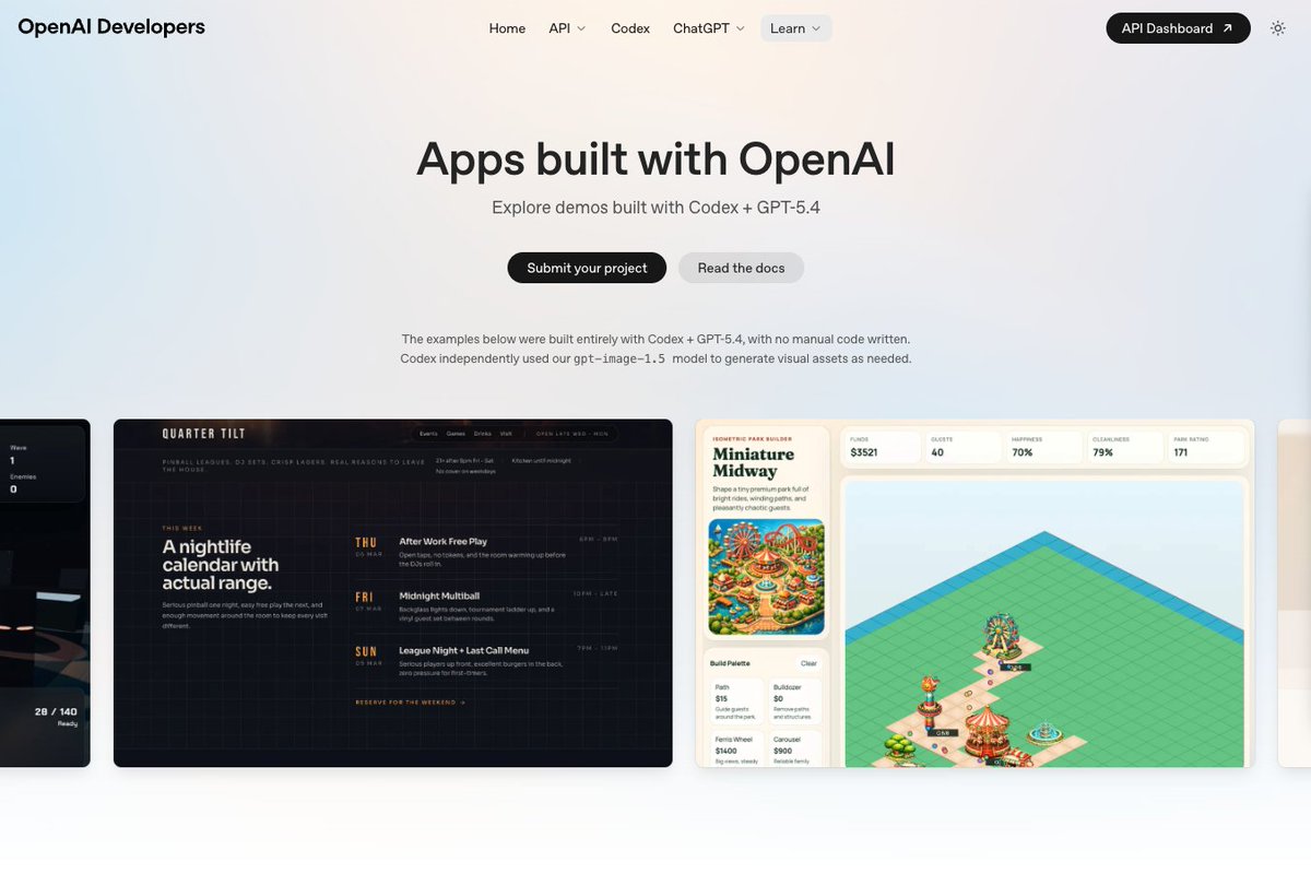 kagigz's tweet photo. GPT-5.4 is here! 

We’re excited to see what developers build with it.

We've also added a Showcase Gallery to our dev website to highlight projects built with GPT-5.4, Codex, and OpenAI APIs.

If you build something cool, share it 👇 https://t.co/iBb6klNIIb