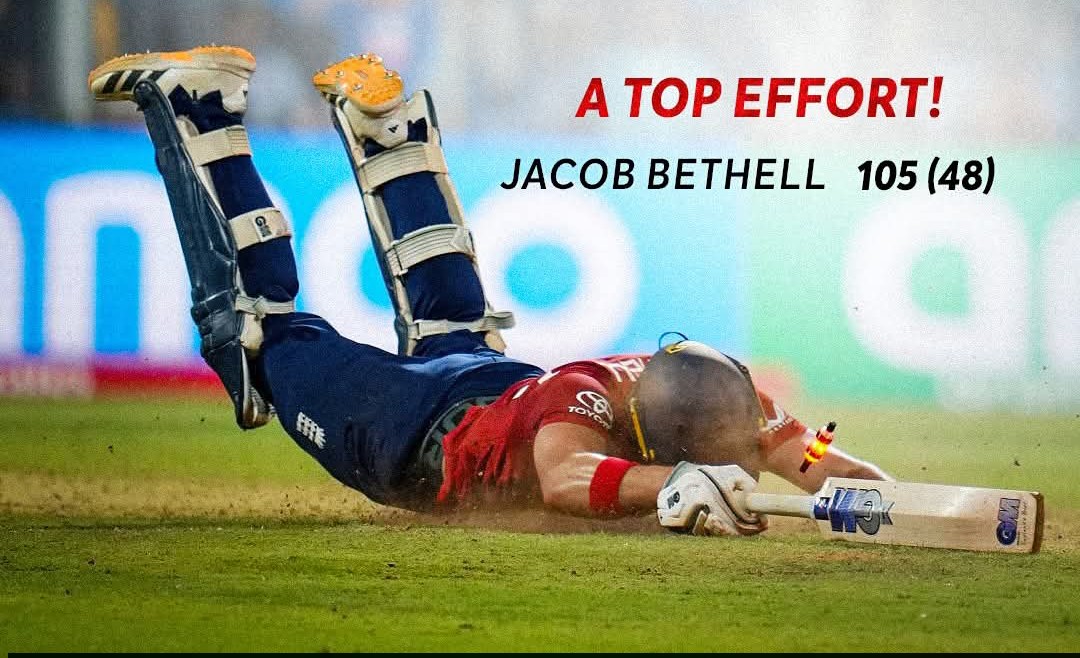 UbaidRa71056218's tweet photo. Some innings are remembered not for victory, but for the heart behind them. At just 22, Jacob Bethell stood strong under pressure and fought till the end. The result may not have gone his way, but the spirit he showed is what makes a true champion. Respect for the fight. 
💔 https://t.co/k67whTsz5y