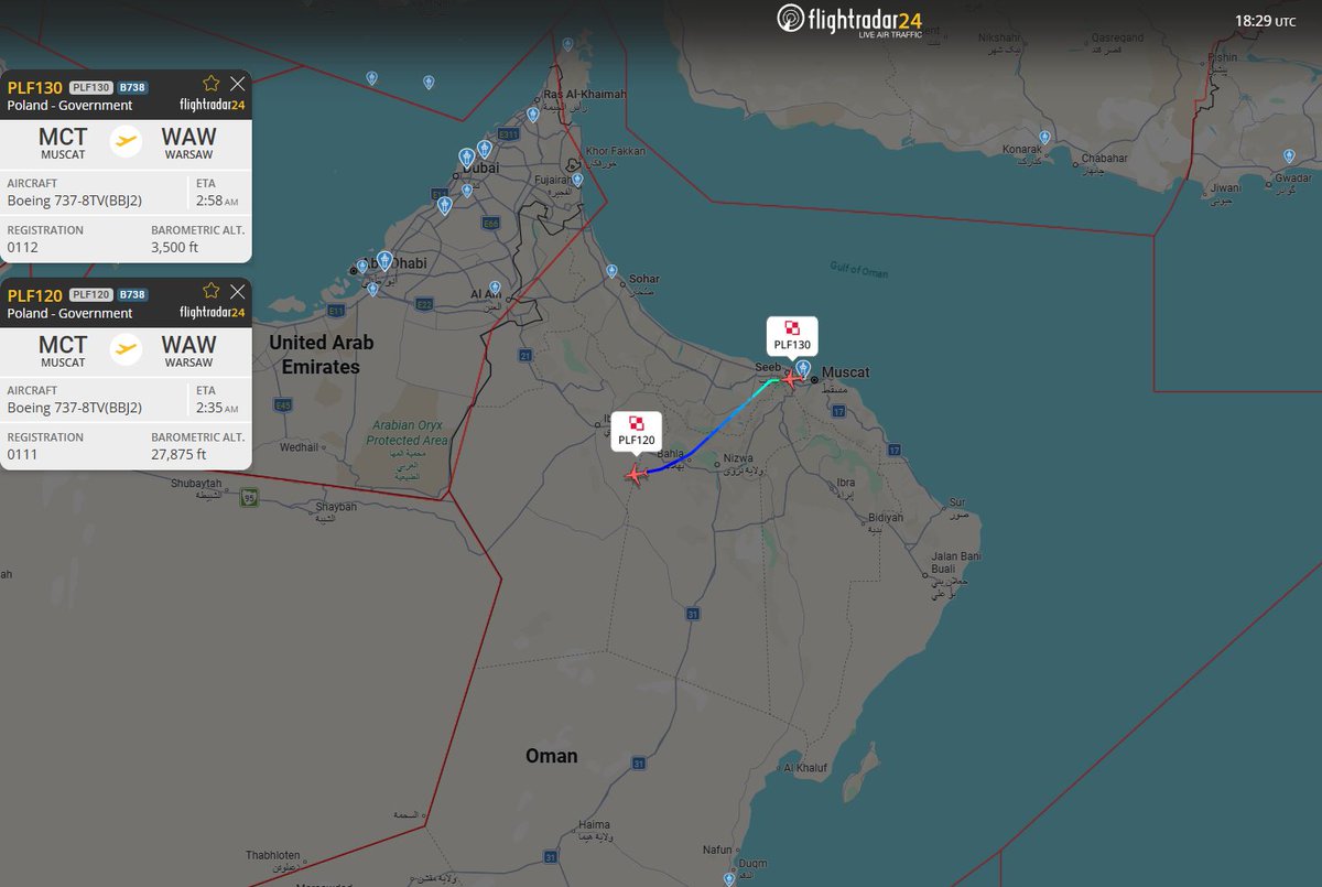 PolishMilRadar's tweet photo. #KonfliktNaBliskimWschodzie
📅 05.03 🕞 19:30LT - 🇵🇱✈️ Wojskowe Boeingi 737 wracają do Polski z ewakuowanymi ❗️
Z lotniska w Maskacie #OOMS w Omanie 🇴🇲 wystartowały dwa ✈️ Boeingi 737-8TV(WL) BBJ2 #PLF120 "0111" & #PLF130 "0112" Sił Powietrznych RP 🇵🇱 z 1. Bazy Lotnictwa Transportowego. Oba samoloty zmierzają do Warszawy #EPWA 🇵🇱, a na ich pokładzie znajdują się pierwsze grupy polskich obywateli ewakuowanych z tamtego regionu, w związku z trwającym konfliktem na linii USA/Izrael - Iran i ograniczeniami w lotach, w związku z zamknięciem przestrzeni powietrznych wielu krajów. Loty ewakuacyjne wojskowymi Boeingami odbywają się w ramach Polskiego Kontyngentu Wojskowego Bliski Wschód. Oba samoloty powinny wylądować w Polsce około godziny 3 nad ranem.
🔗https://t.co/BG9tZsjweY
#POLMILRADAR